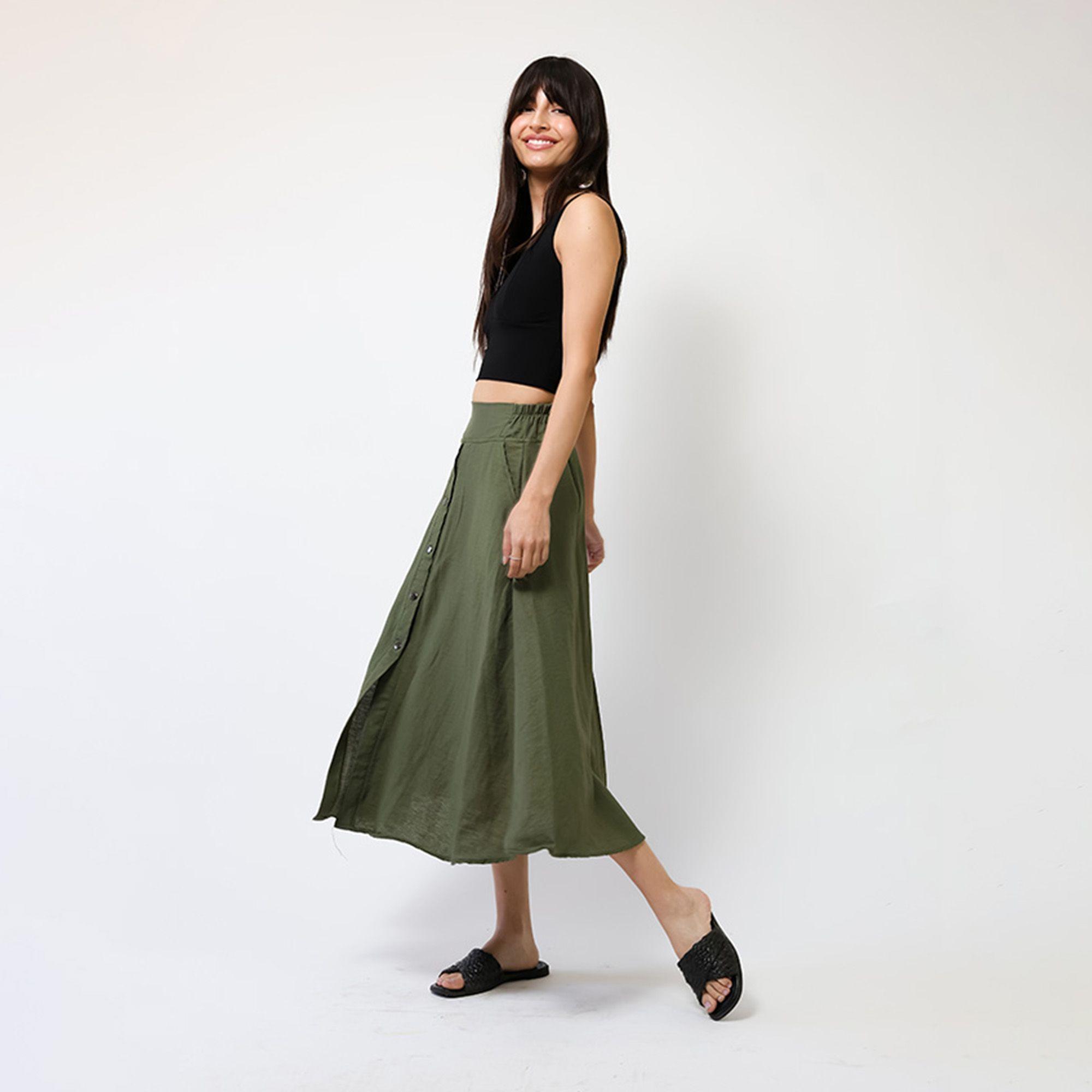 Falda Lino Verde Musgo Botones | Natalia Seguel-6