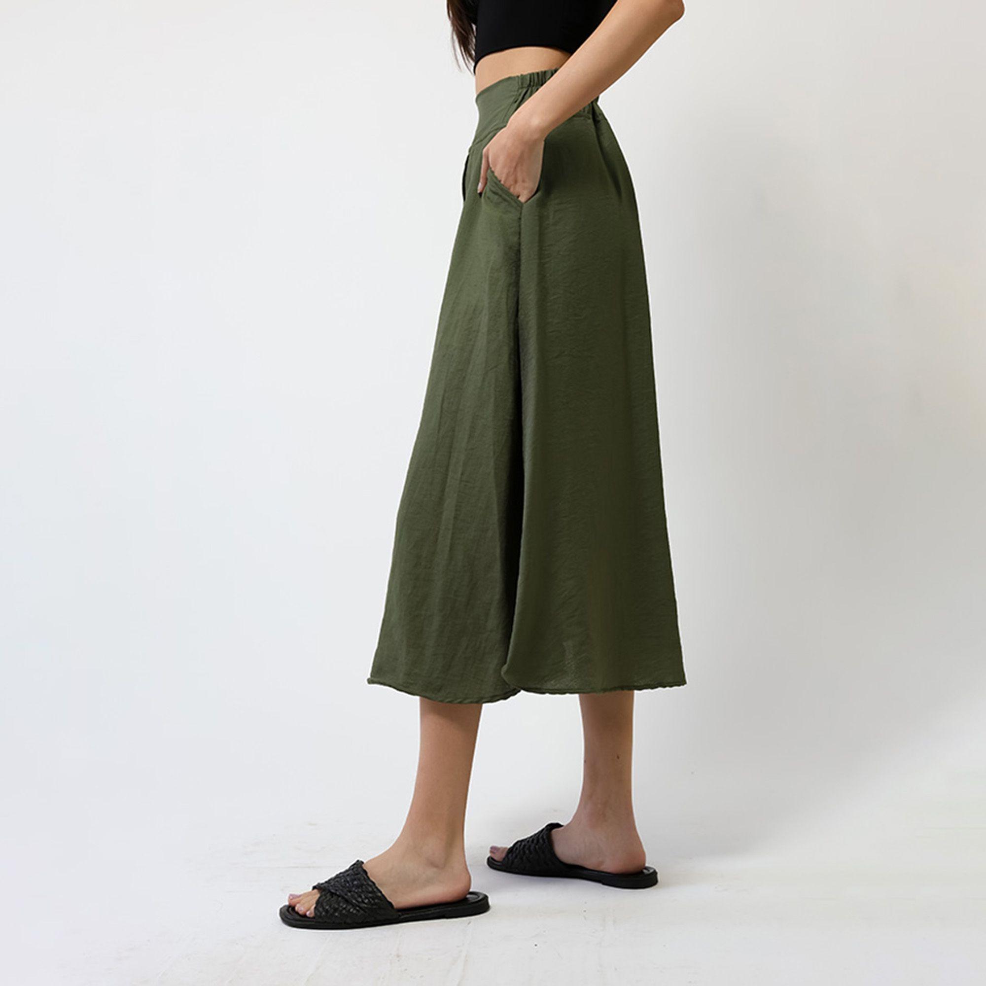 Falda Lino Verde Musgo Botones | Natalia Seguel-7