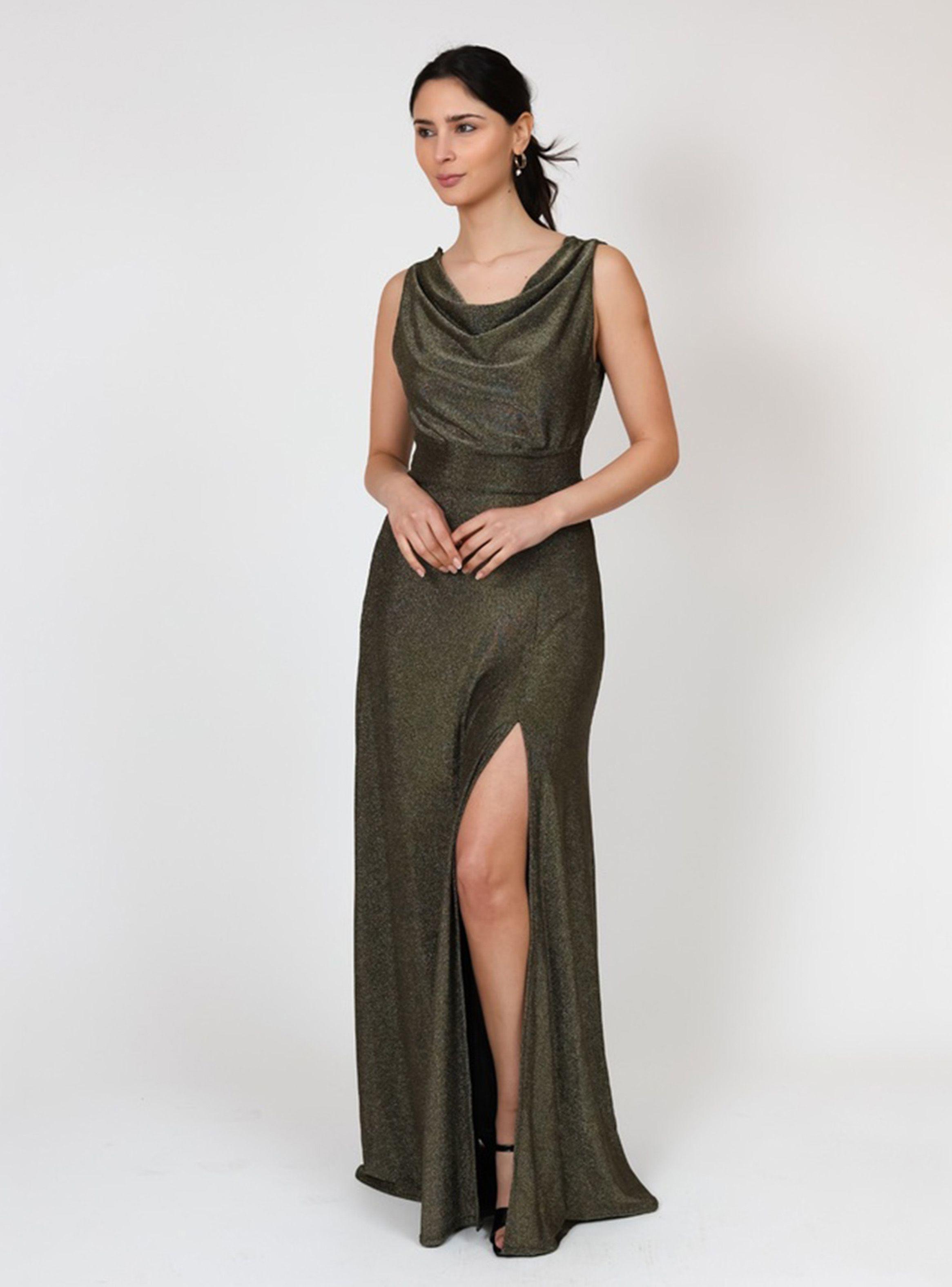 Vestido Drapeado Tajo Negro Dorado Brillos Natalia Seguel-2