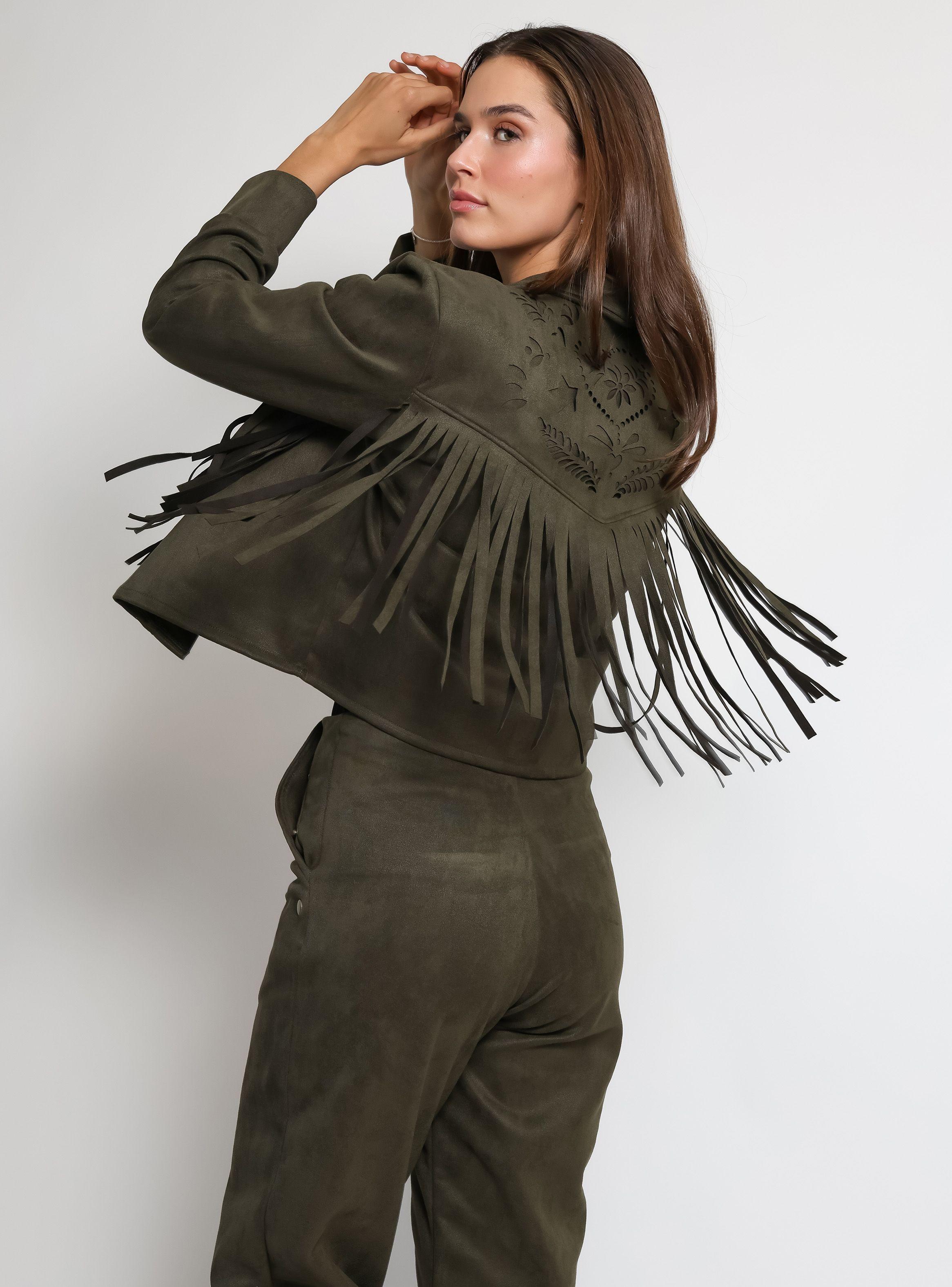 Chaqueta Corta Flecos Verde Musgo Natalia Seguel-0