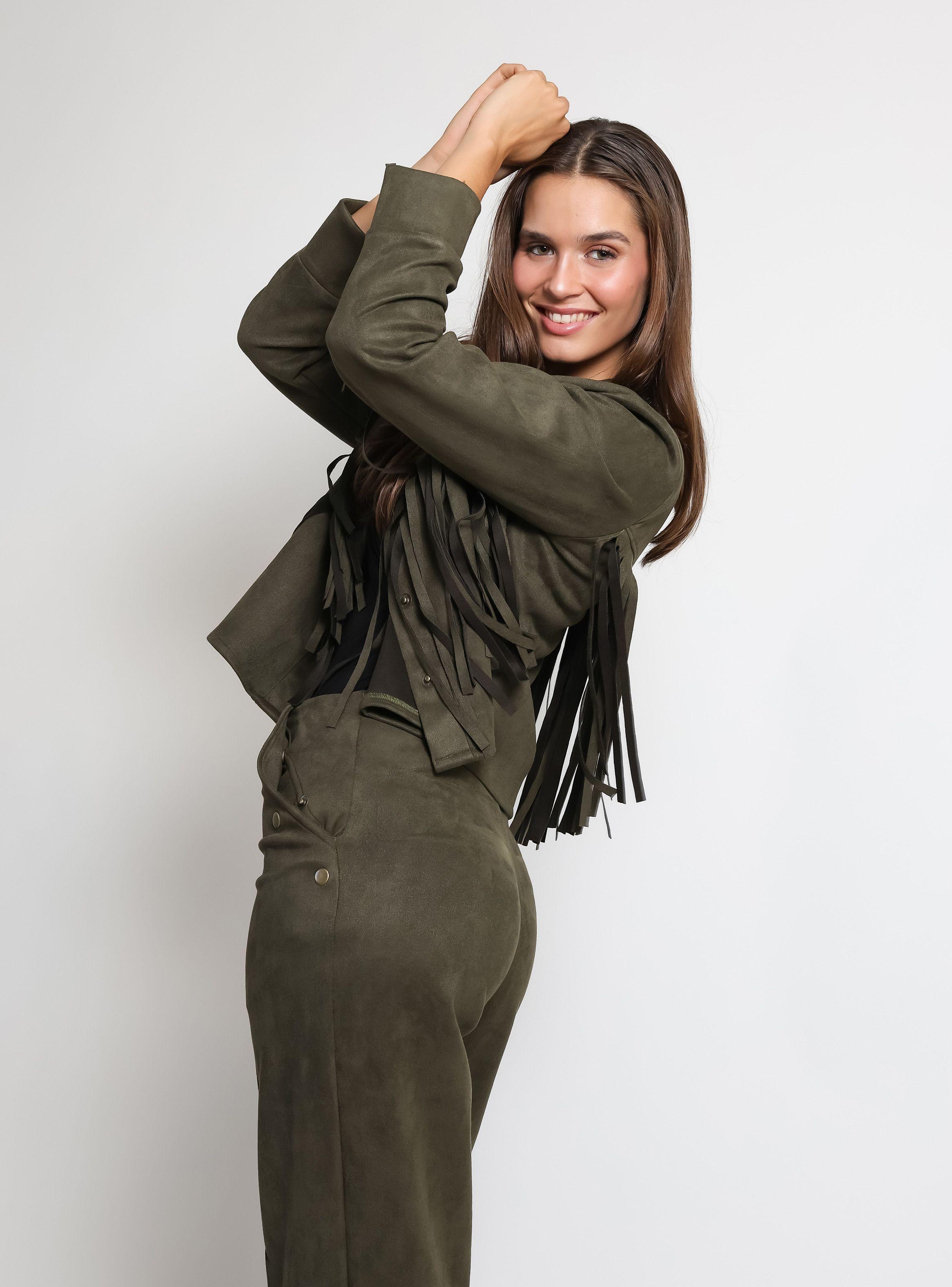 Chaqueta Corta Flecos Verde Musgo Natalia Seguel-2