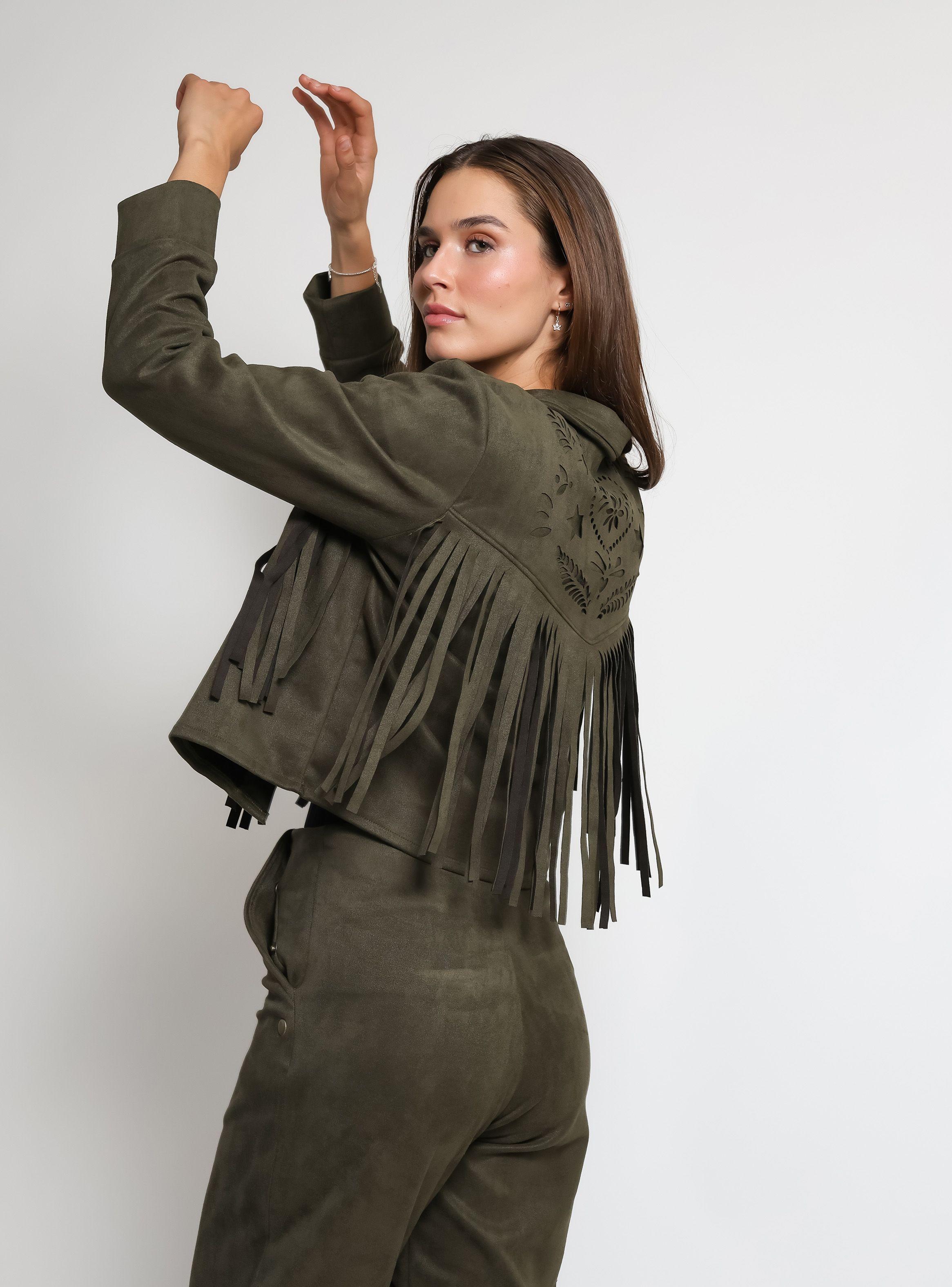 Chaqueta Corta Flecos Verde Musgo Natalia Seguel-3