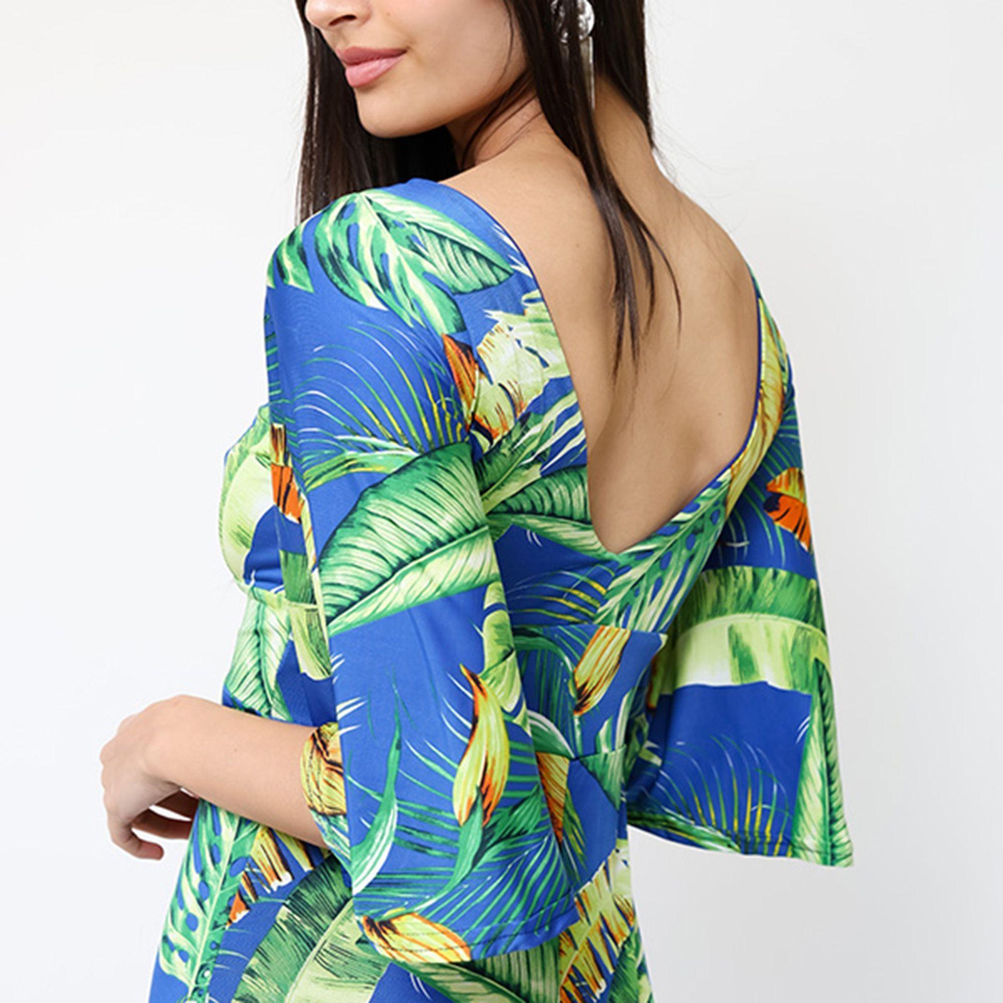 Vestido Magdalena Azul Hojas Verdes | Natalia Seguel-4