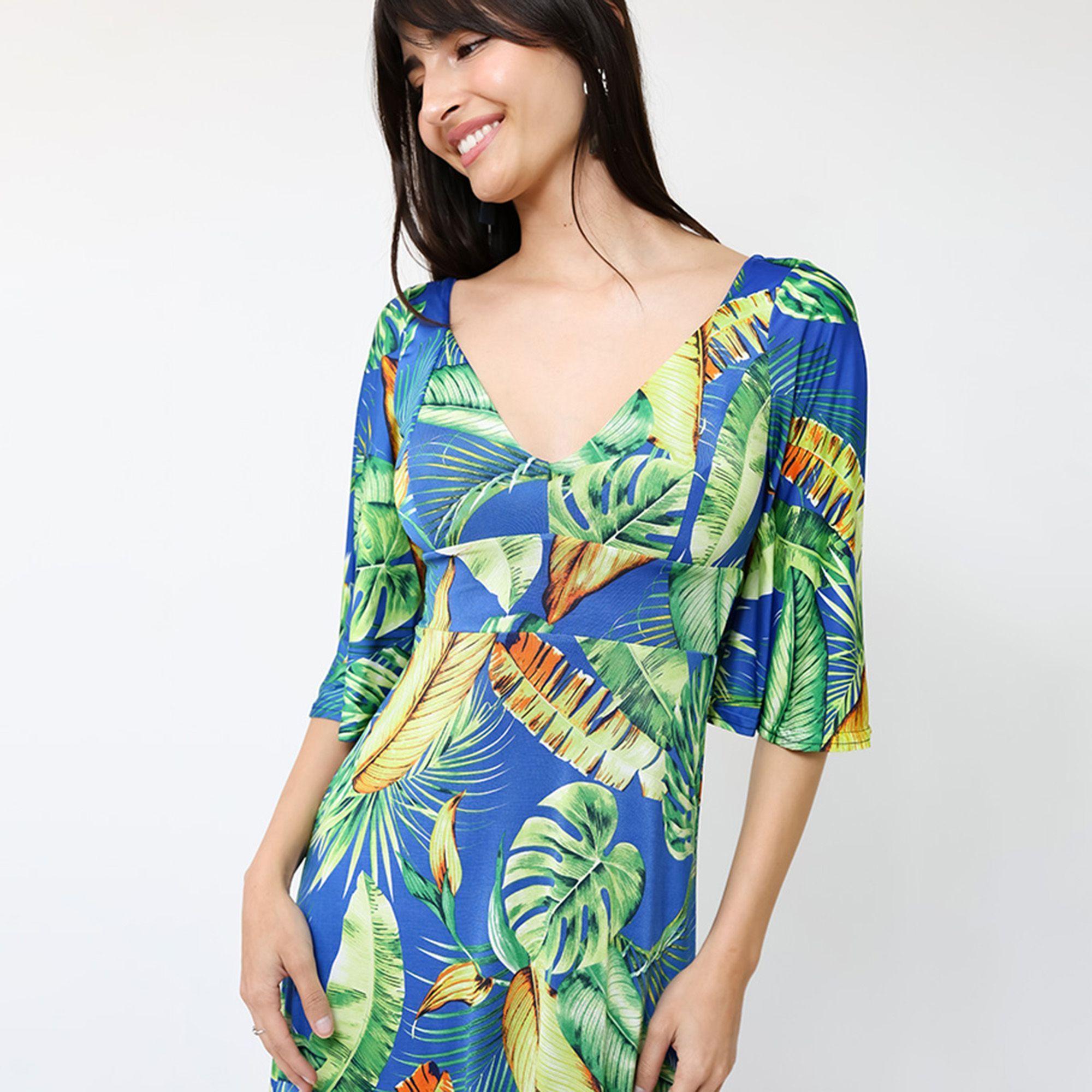 Vestido Magdalena Azul Hojas Verdes | Natalia Seguel-5