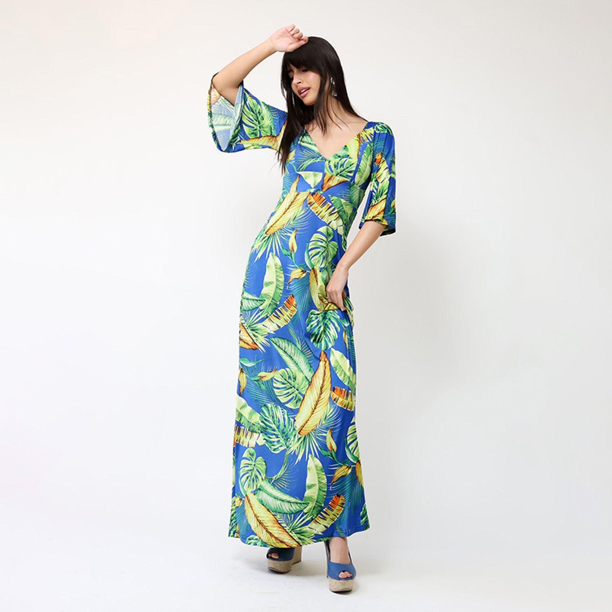 Vestido Magdalena Azul Hojas Verdes | Natalia Seguel-6