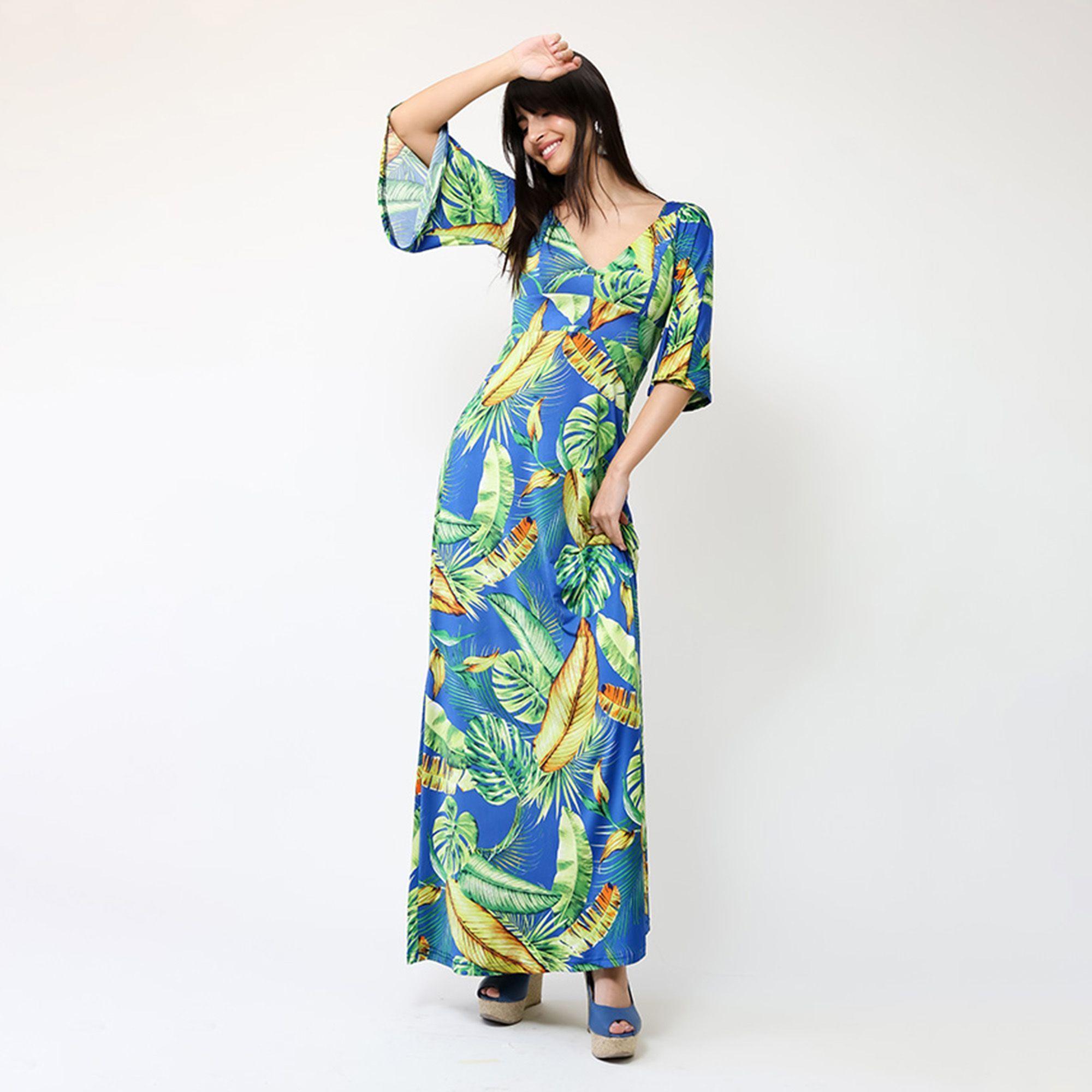 Vestido Magdalena Azul Hojas Verdes | Natalia Seguel-7