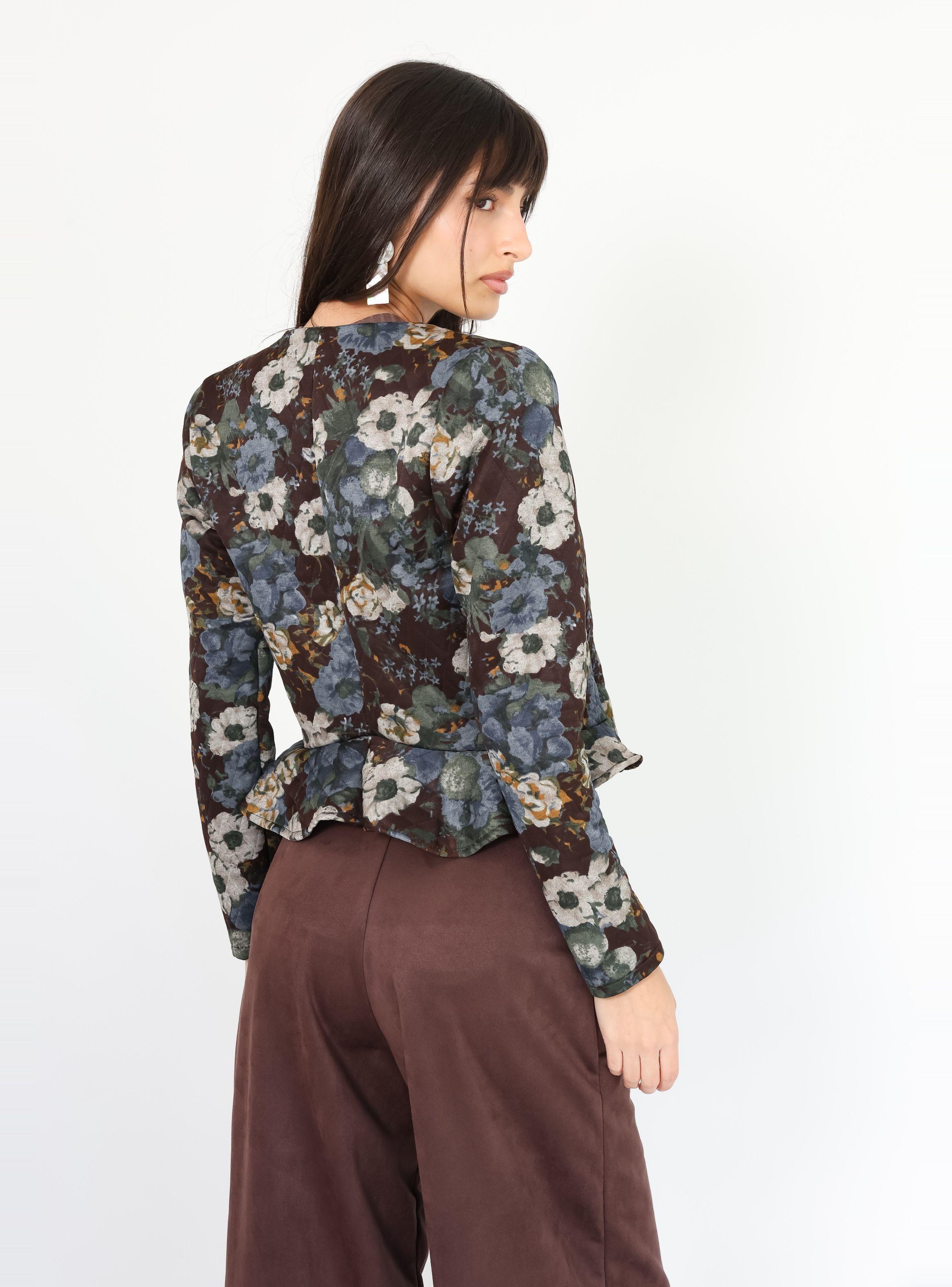 Chaqueta Gabriela Peplum Café Moro Azul Florecitas | Natalia Seguel-4