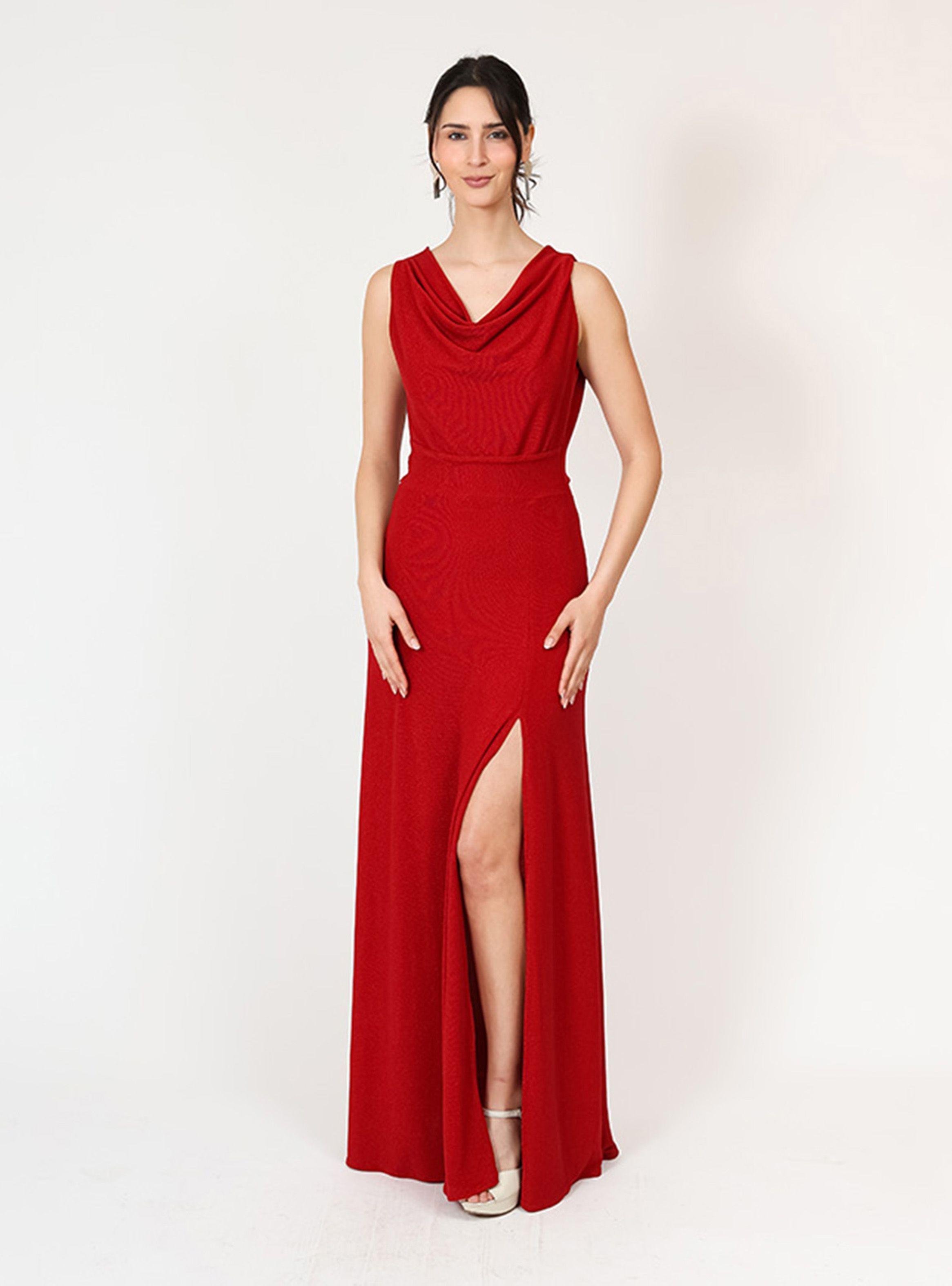 Vestido Drapeado Tajo Rojo Brillo Fiesta Natalia Seguel-2