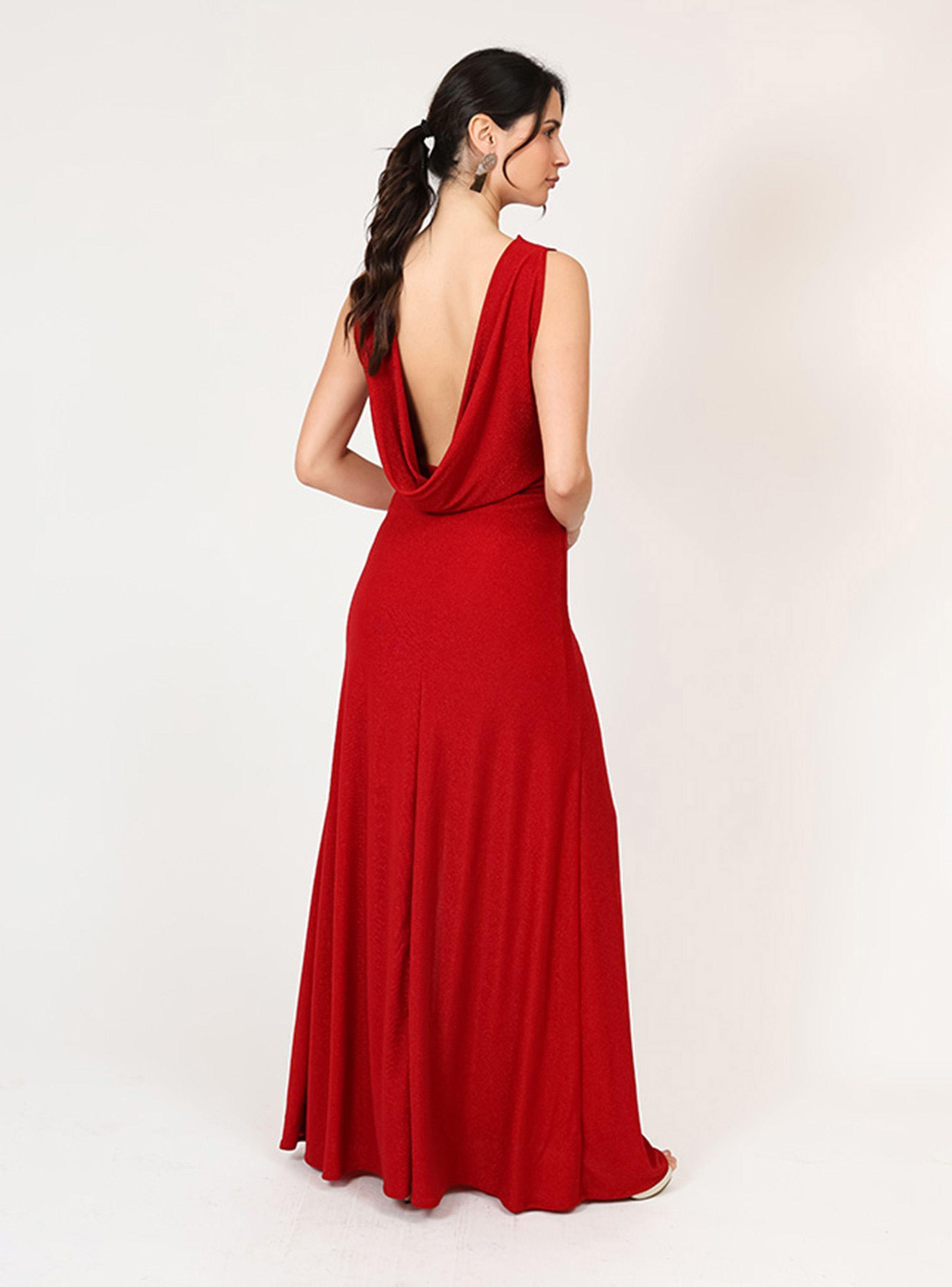 Vestido Drapeado Tajo Rojo Brillo Fiesta Natalia Seguel-3