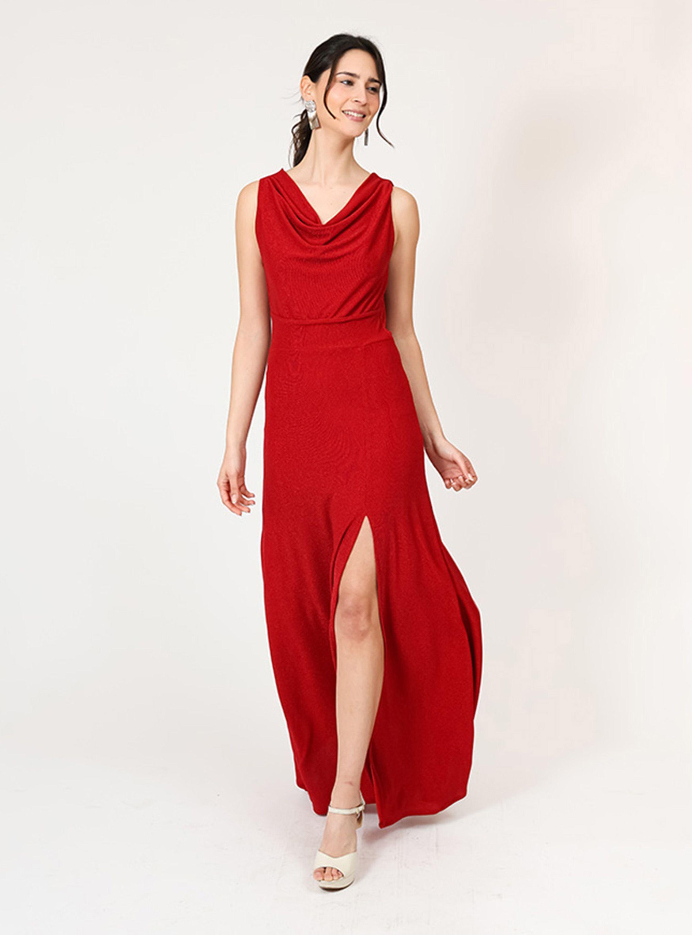 Vestido Drapeado Tajo Rojo Brillo Fiesta Natalia Seguel-4