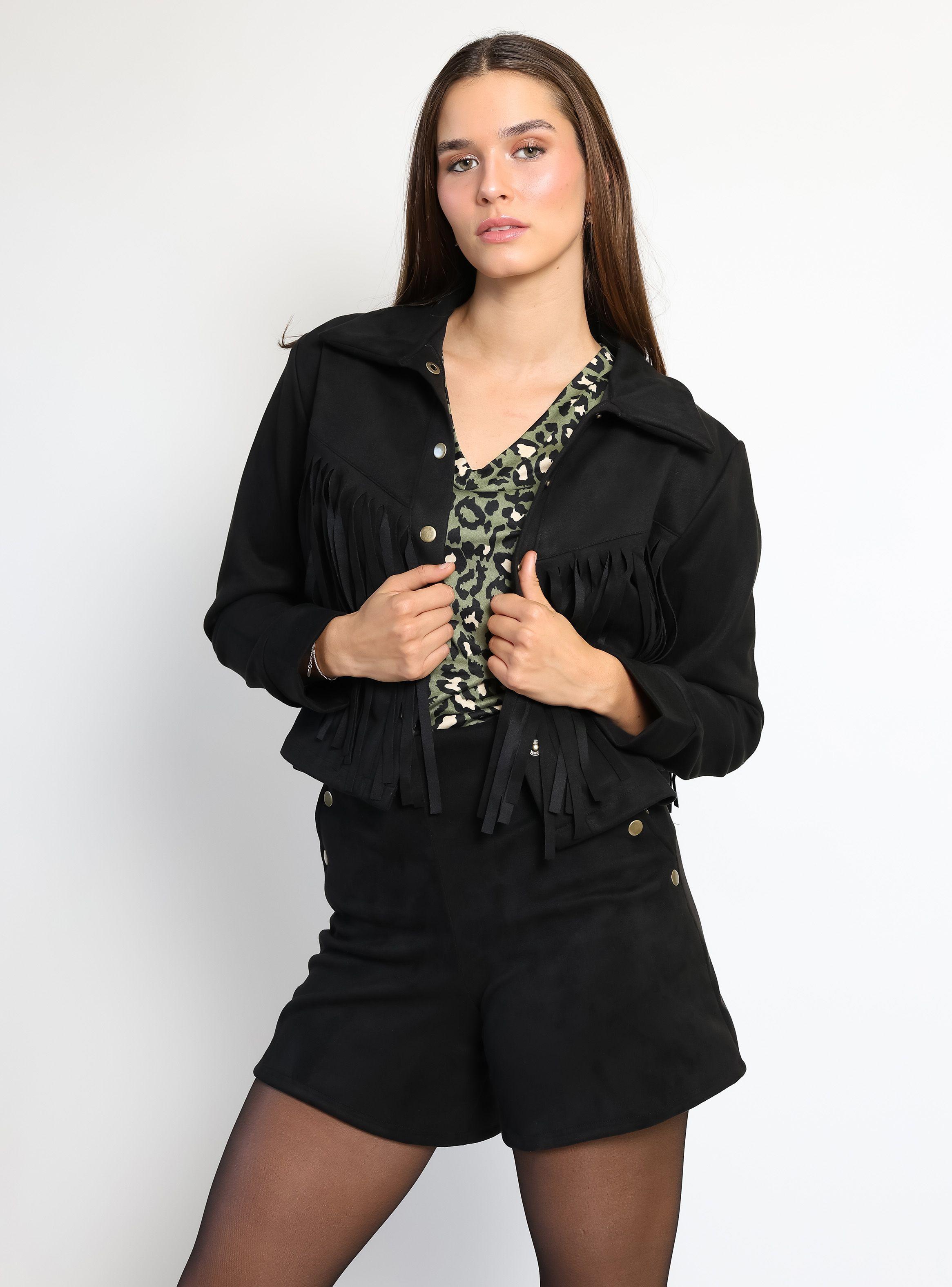 Chaqueta Corta Flecos Negro Natalia Seguel-0