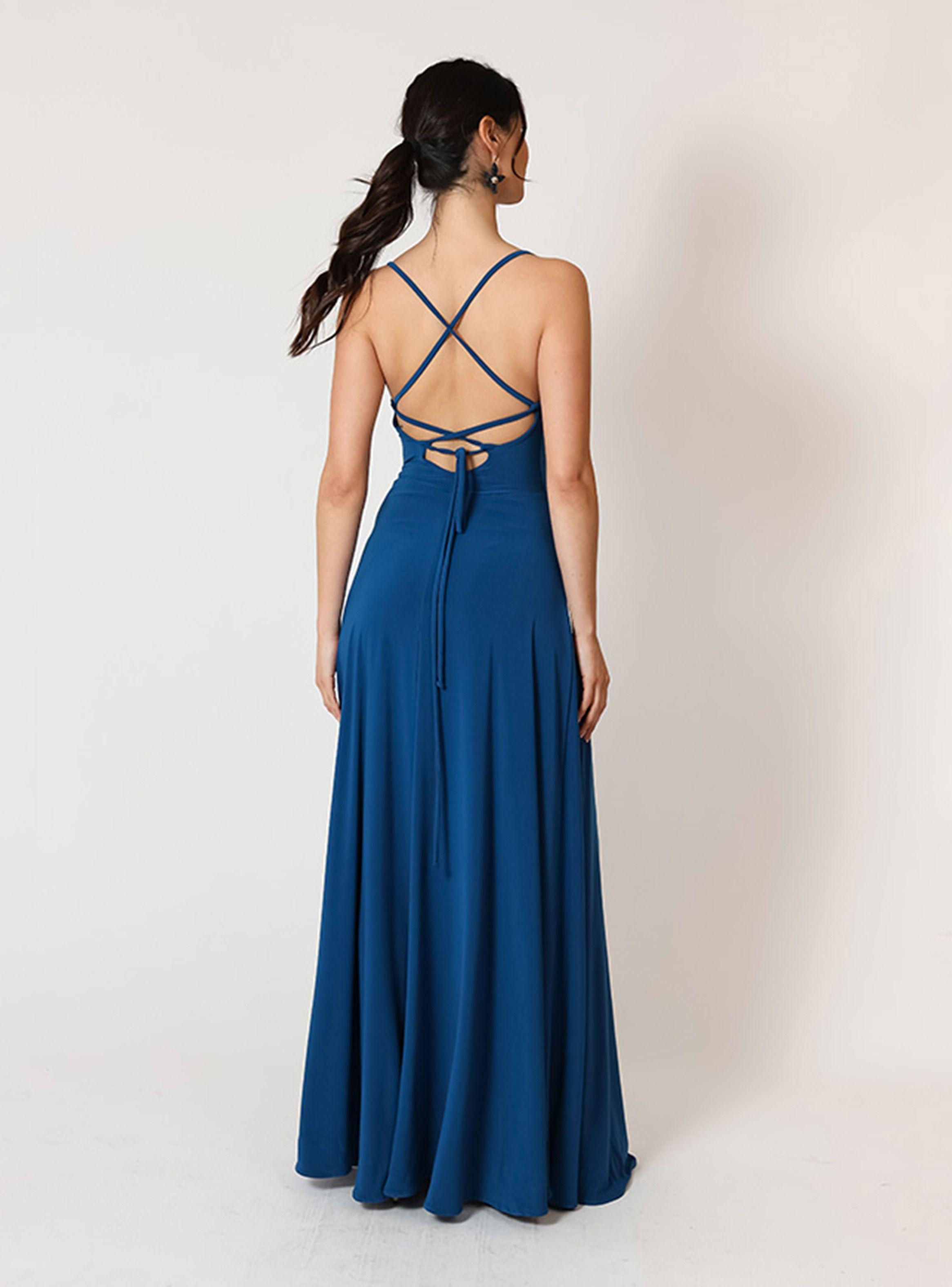 Vestido Zara Drapeado Tajo Azul Piedra Natalia Seguel-2