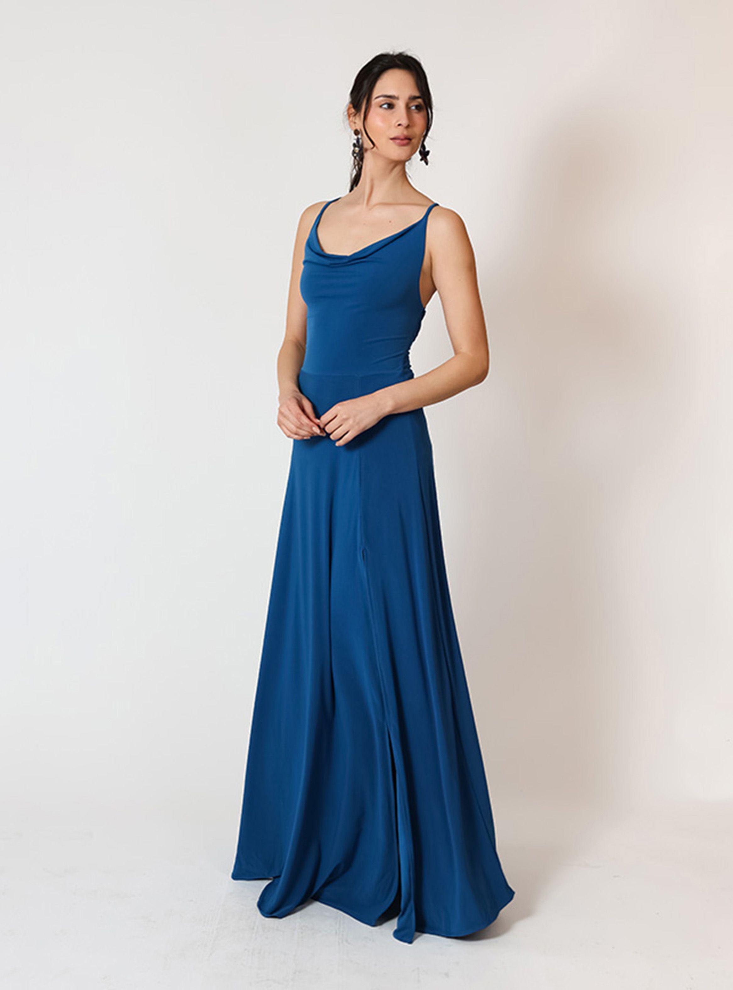 Vestido Zara Drapeado Tajo Azul Piedra Natalia Seguel-3