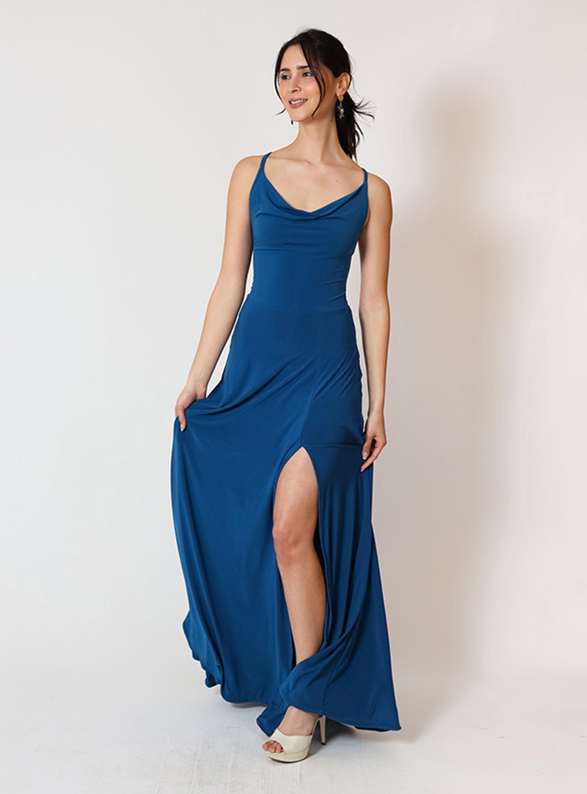 Vestido Zara Drapeado Tajo Azul Piedra Natalia Seguel-4