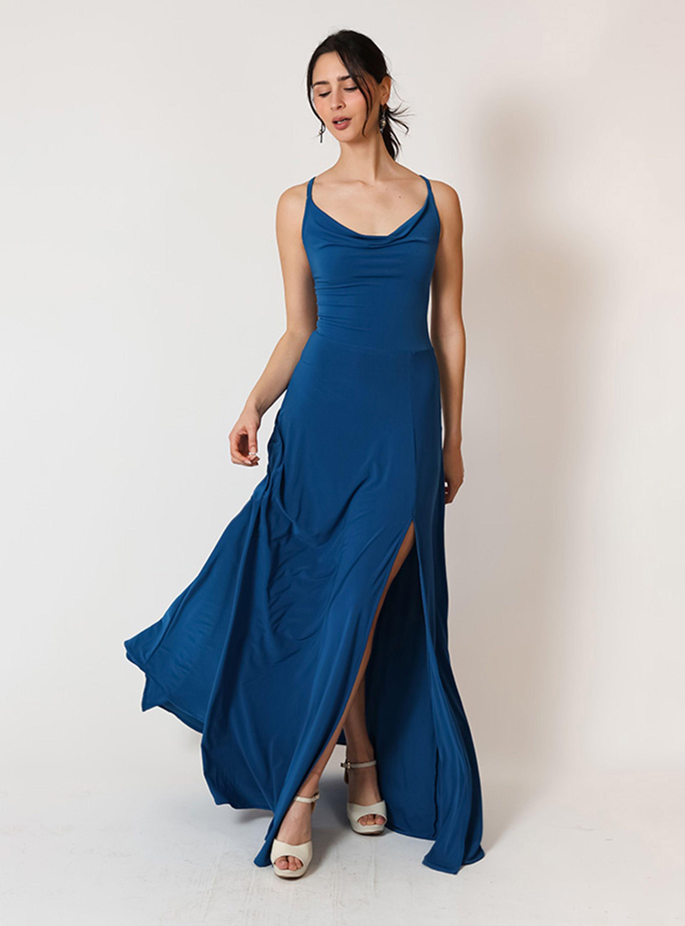 Vestido Zara Drapeado Tajo Azul Piedra Natalia Seguel-5