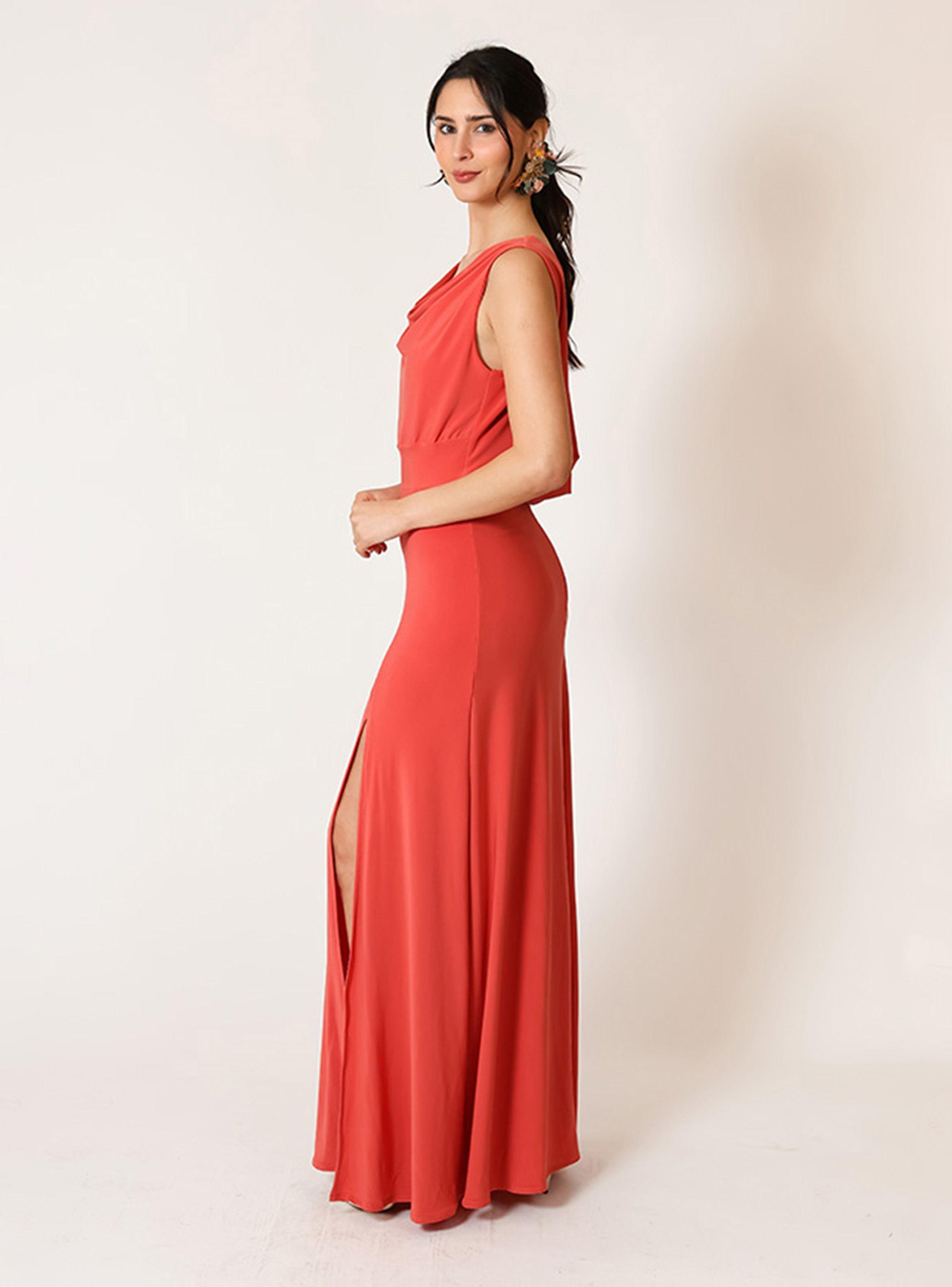 Vestido Drapeado Tajo Coral Fiesta Natalia Seguel-2