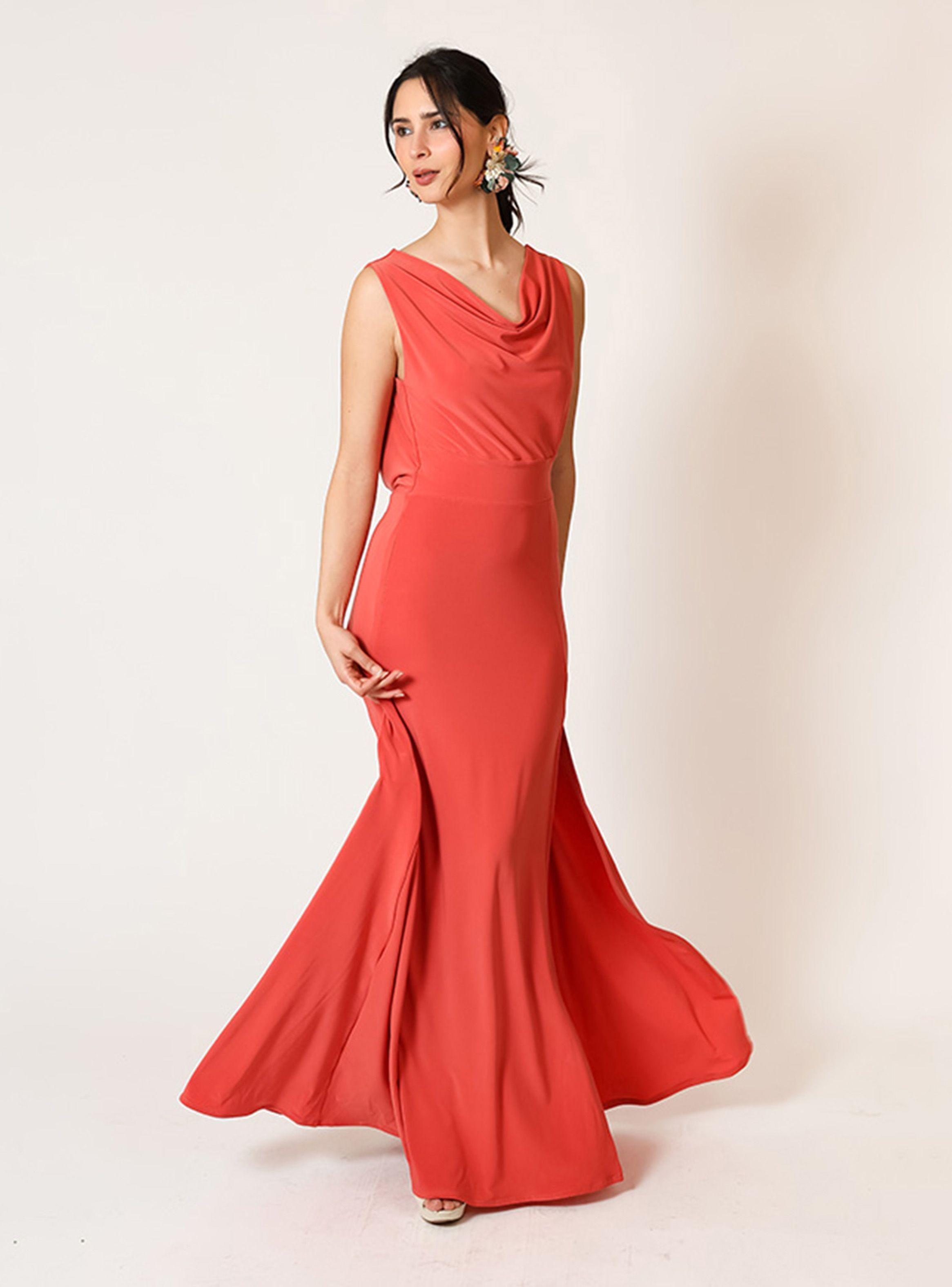 Vestido Drapeado Tajo Coral Fiesta Natalia Seguel-4