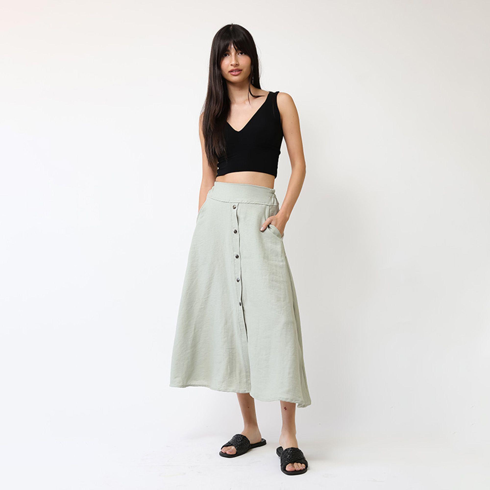 Falda Lino Verde Nilo Botones | Natalia Seguel-2