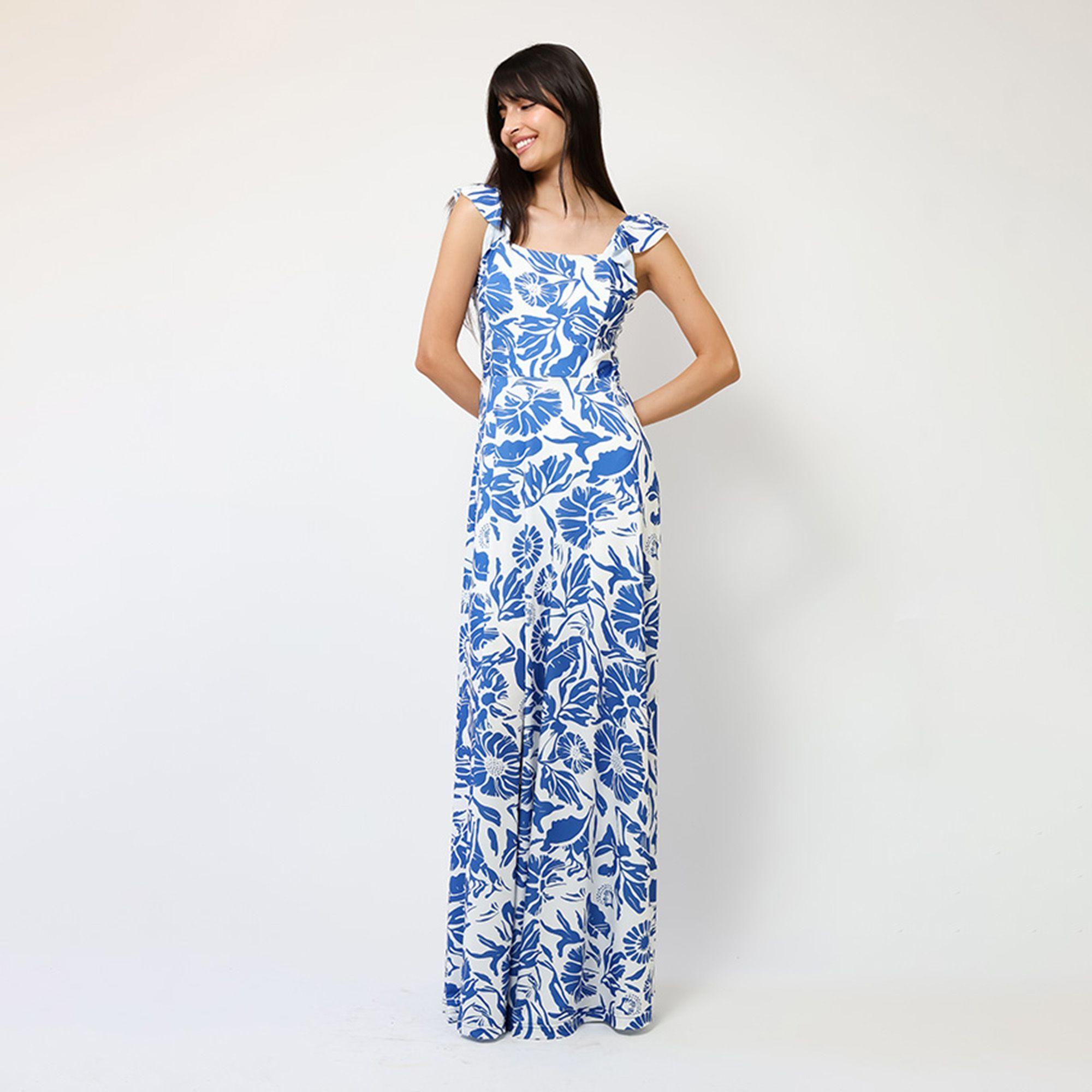 Vestido Mercedes Blanco Hojas Azul | Natalia Seguel-2