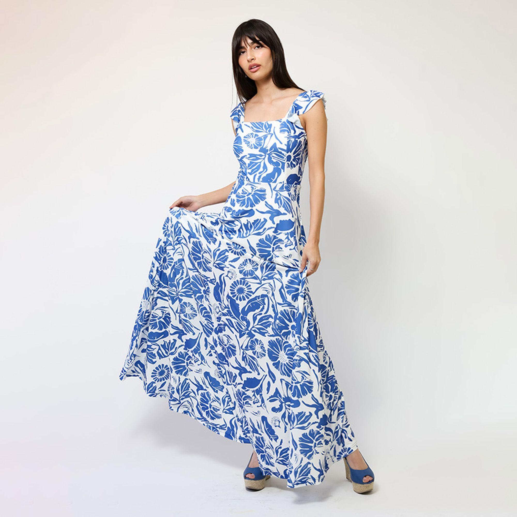 Vestido Mercedes Blanco Hojas Azul | Natalia Seguel-7