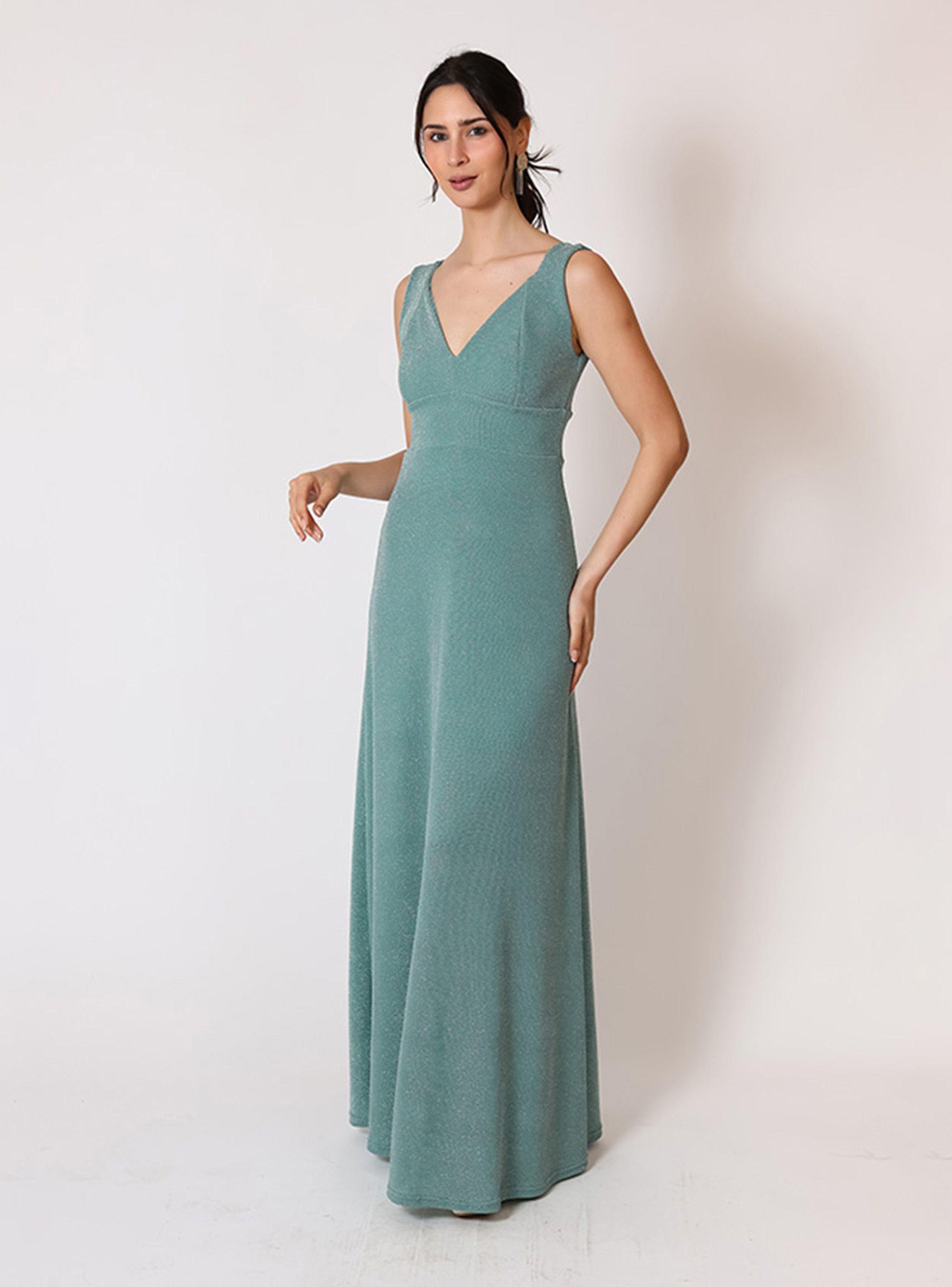 Vestido Vera Sin Mangas Fiesta Verde Agua Brillos Natalia Seguel-2