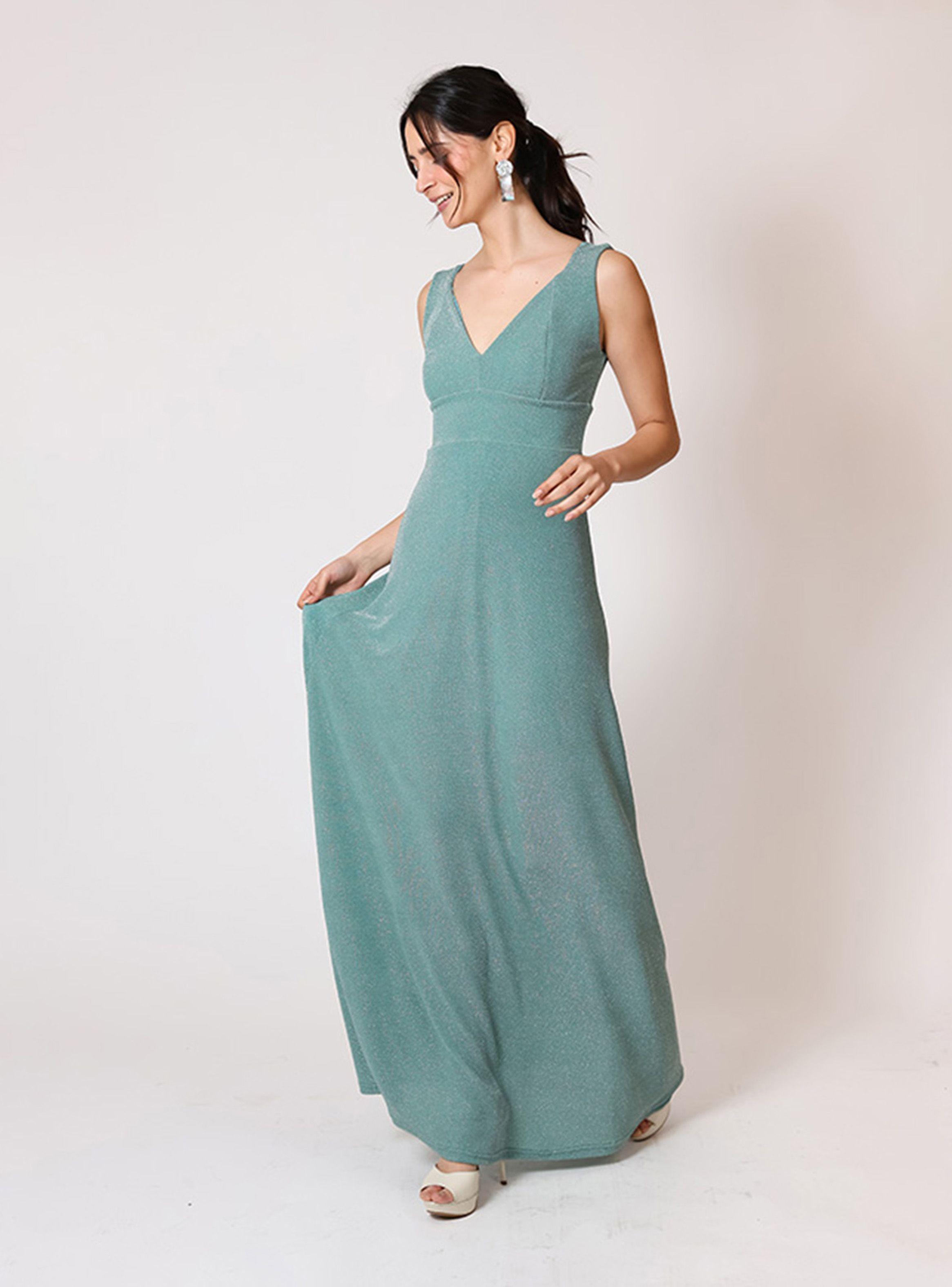 Vestido Vera Sin Mangas Fiesta Verde Agua Brillos Natalia Seguel-4