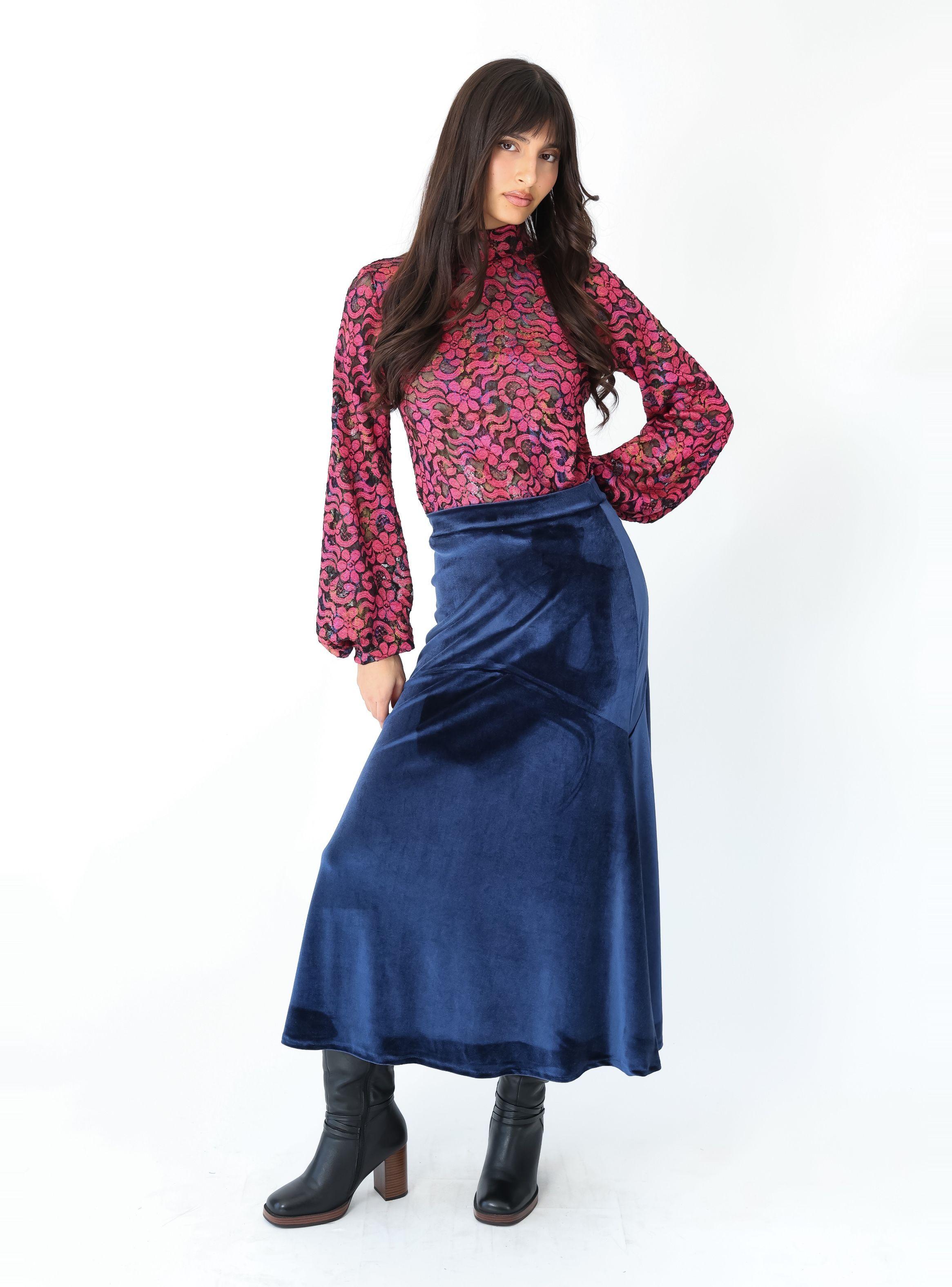 Falda Romi Azul Terciopelo - Diseño de Autor | Natalia Seguel-1
