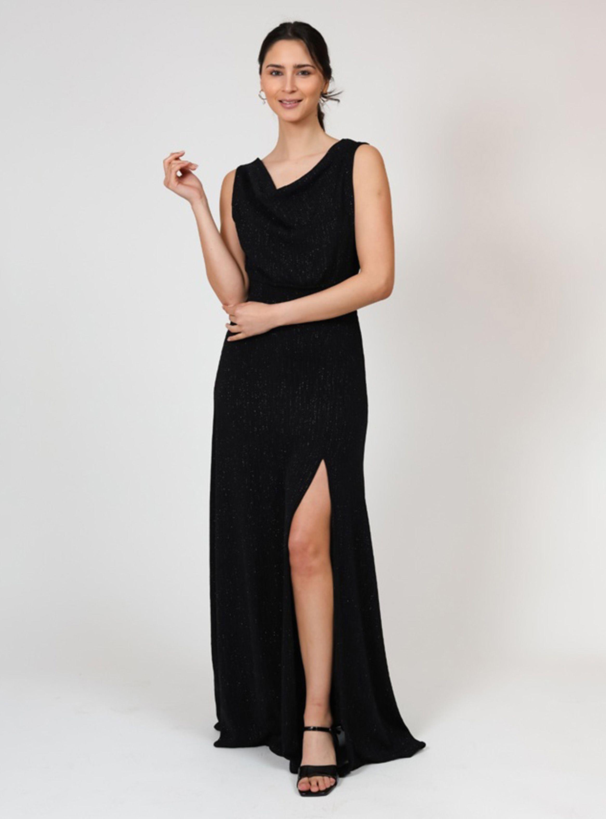 Vestido Drapeado Tajo Negro Brillos Fiesta Natalia Seguel-2