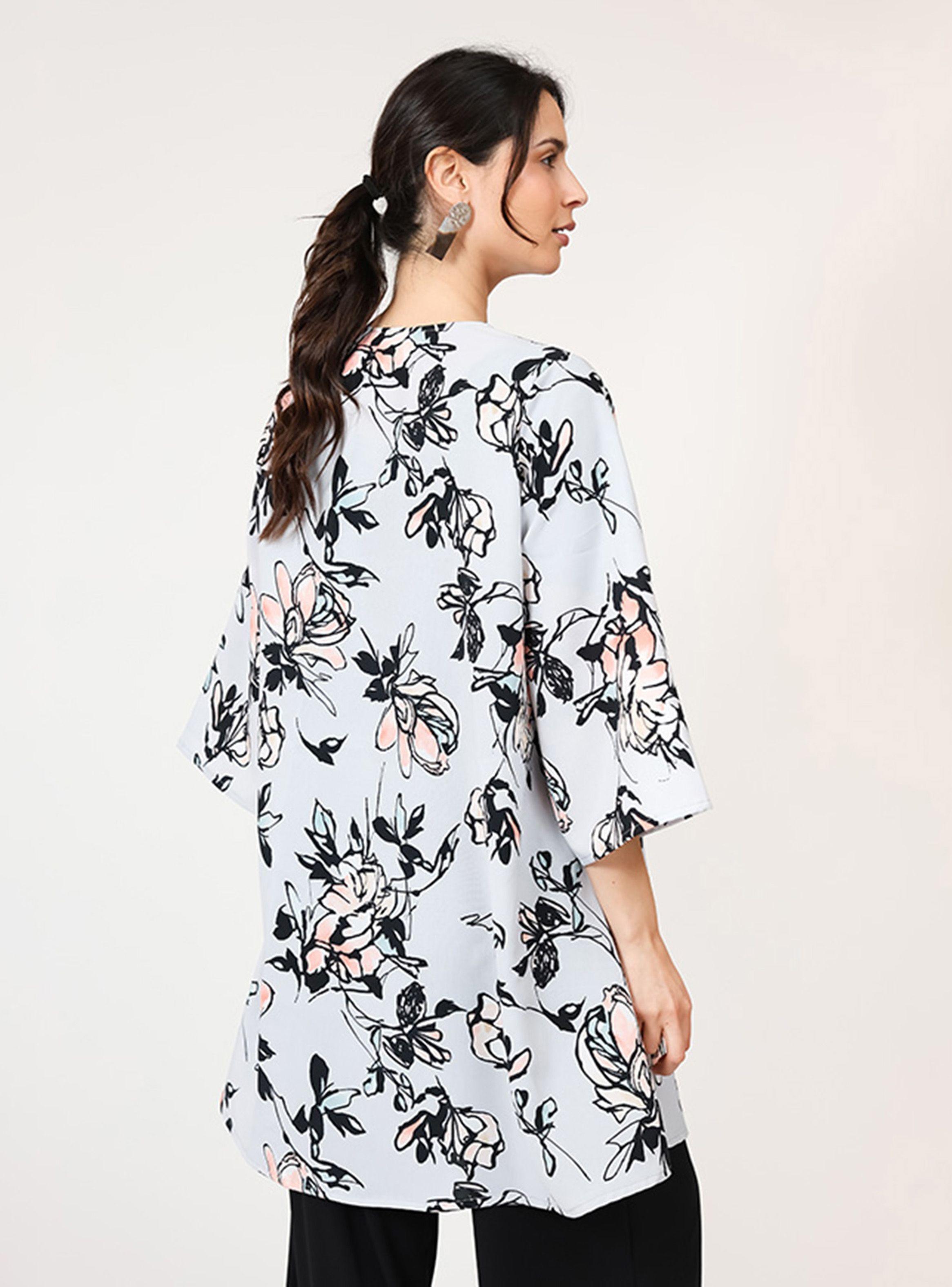 Kimono Corto Gris Flores Acuarela Natalia Seguel-3