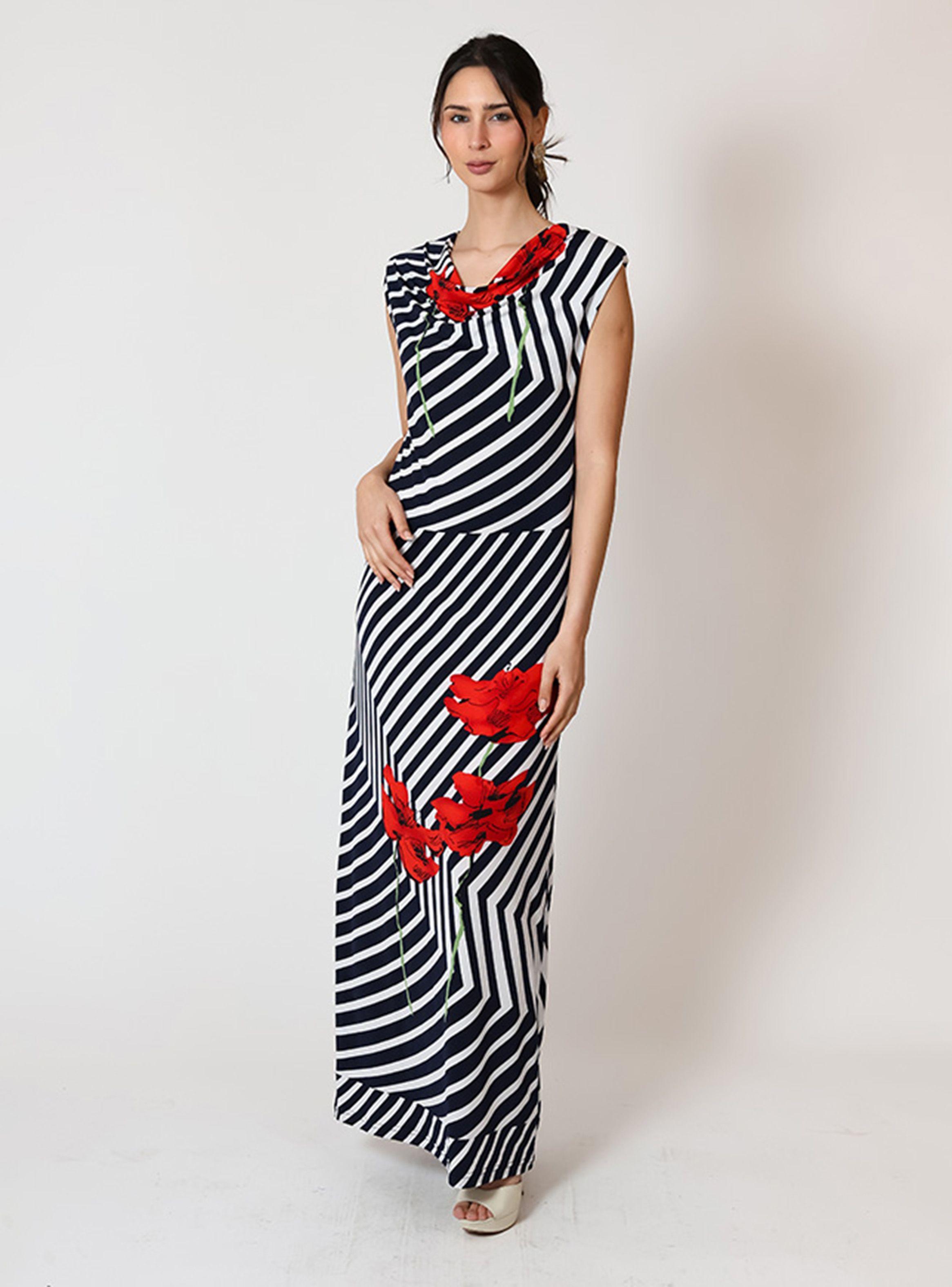 Vestido Kim Lineas Azules Flor Roja Natalia Seguel-3