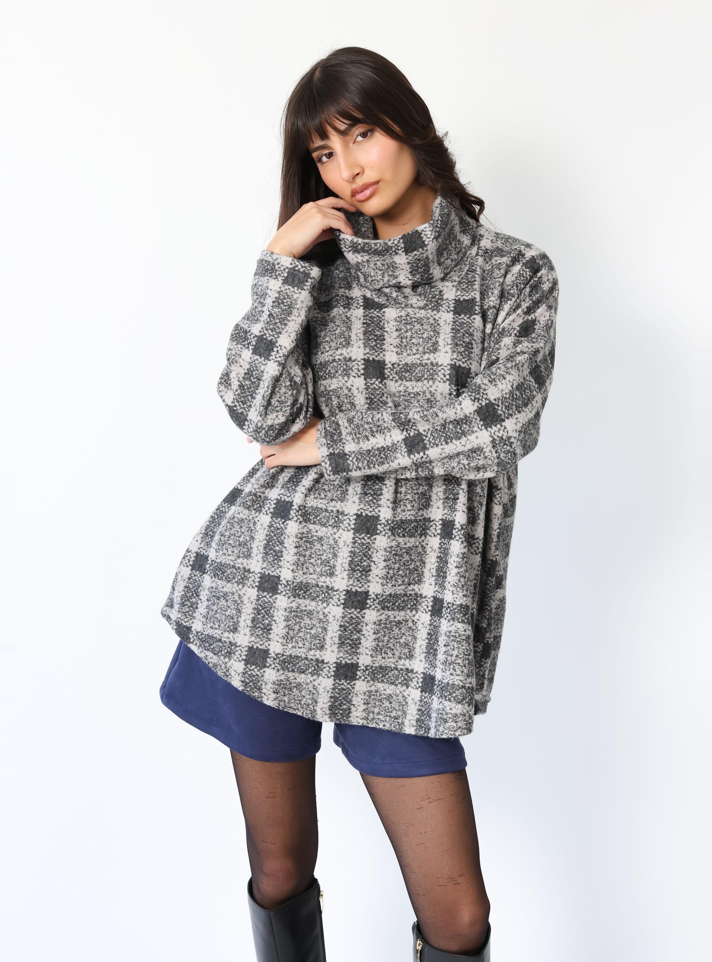 Sweater Maxi Daniela Gris Cuadros - Diseño Chileno | Natalia Seguel-5