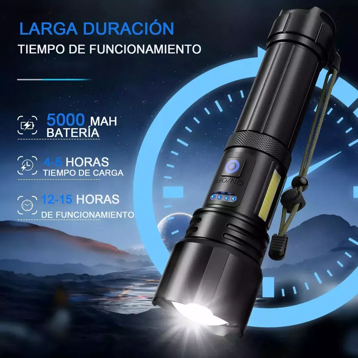 Linterna Táctica LED Recargable 90000 Lúmenes Impermeable Ajustable-2