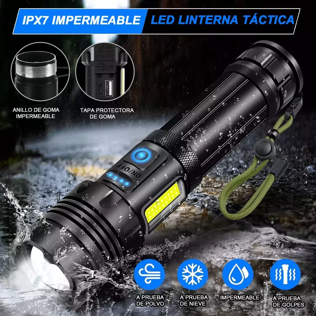 Linterna Táctica LED Recargable 90000 Lúmenes Impermeable Ajustable-3