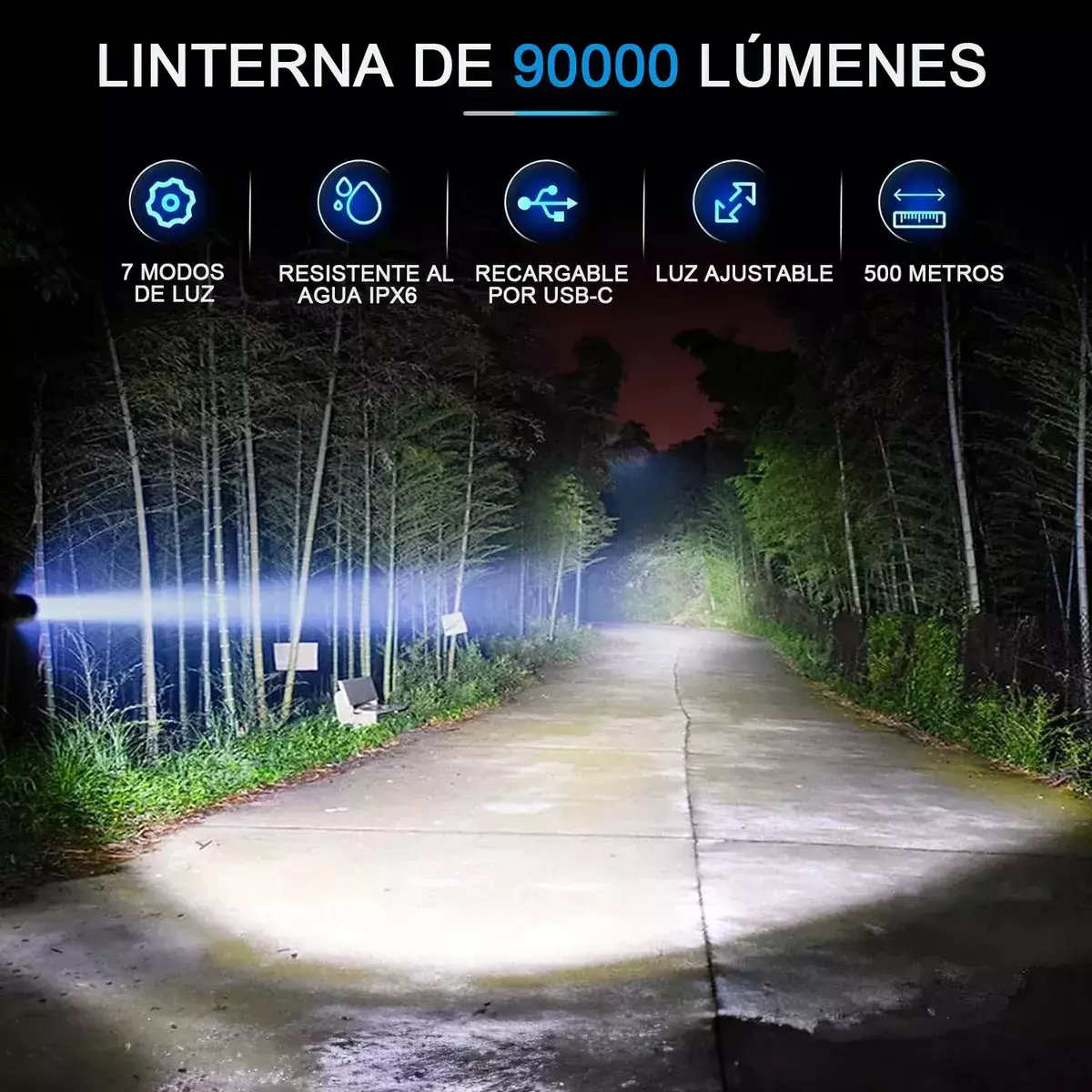 Linterna Táctica LED Recargable 90000 Lúmenes Impermeable Ajustable-4