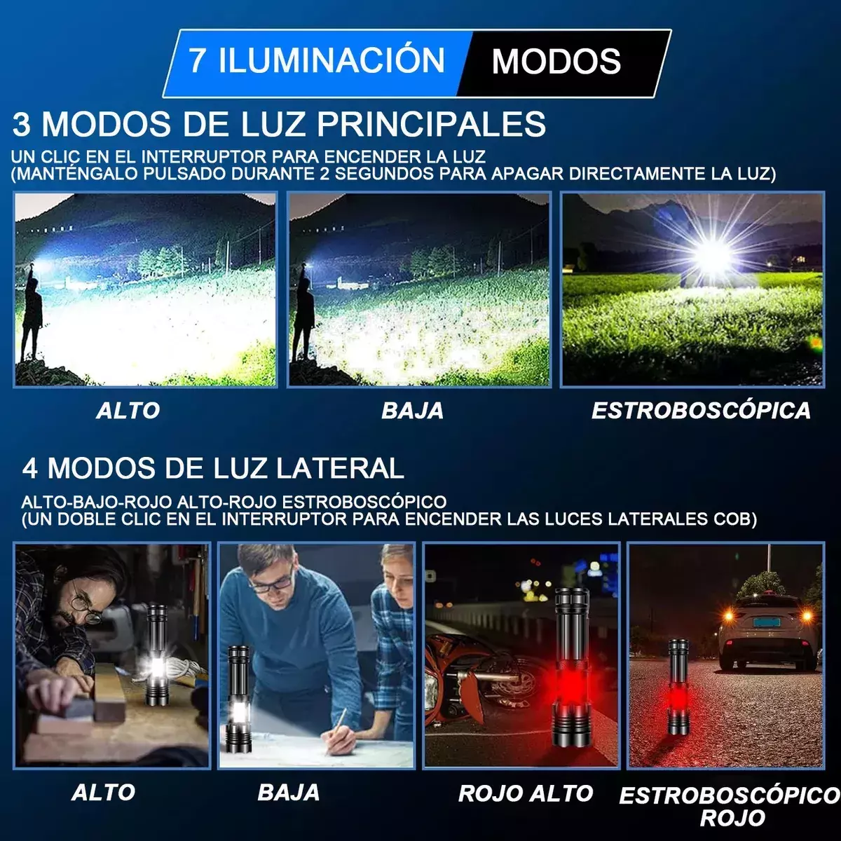 Linterna Táctica LED Recargable 90000 Lúmenes Impermeable Ajustable-5