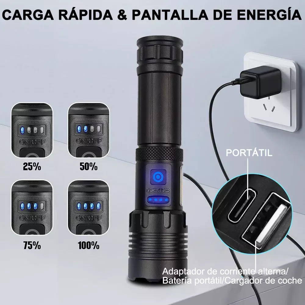Linterna Táctica LED Recargable 90000 Lúmenes Impermeable Ajustable-6