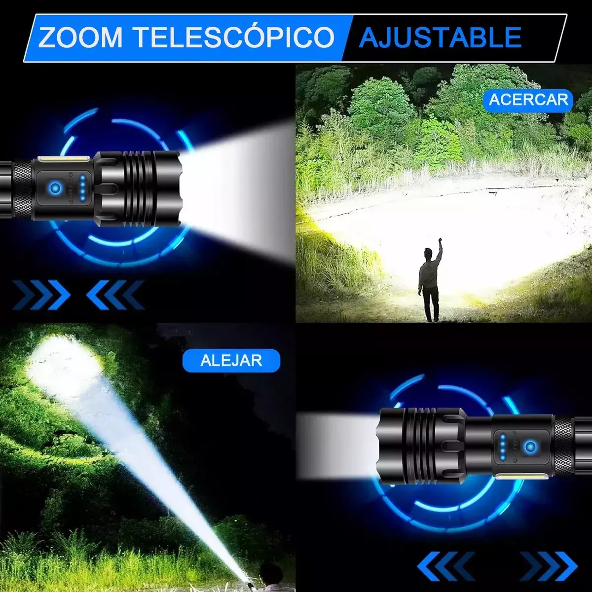Linterna Táctica LED Recargable 90000 Lúmenes Impermeable Ajustable-7