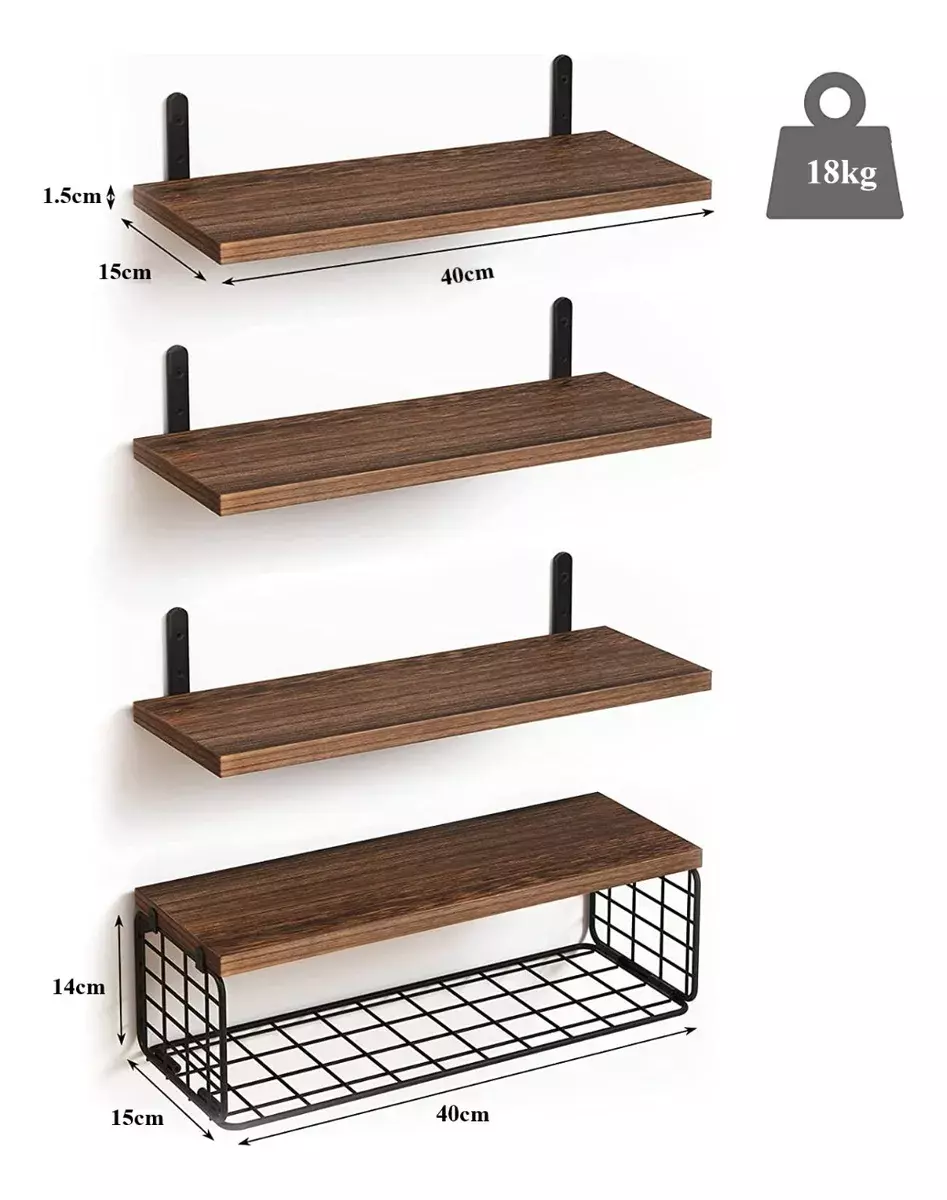 Estantería Flotante Madera Natural 4 Niveles Con Canasta Metal 40cm-2