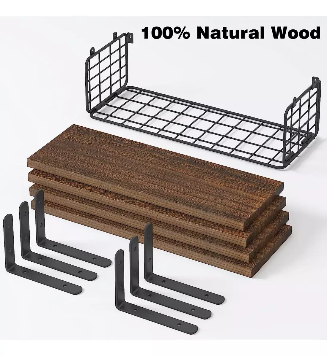 Estantería Flotante Madera Natural 4 Niveles Con Canasta Metal 40cm-3