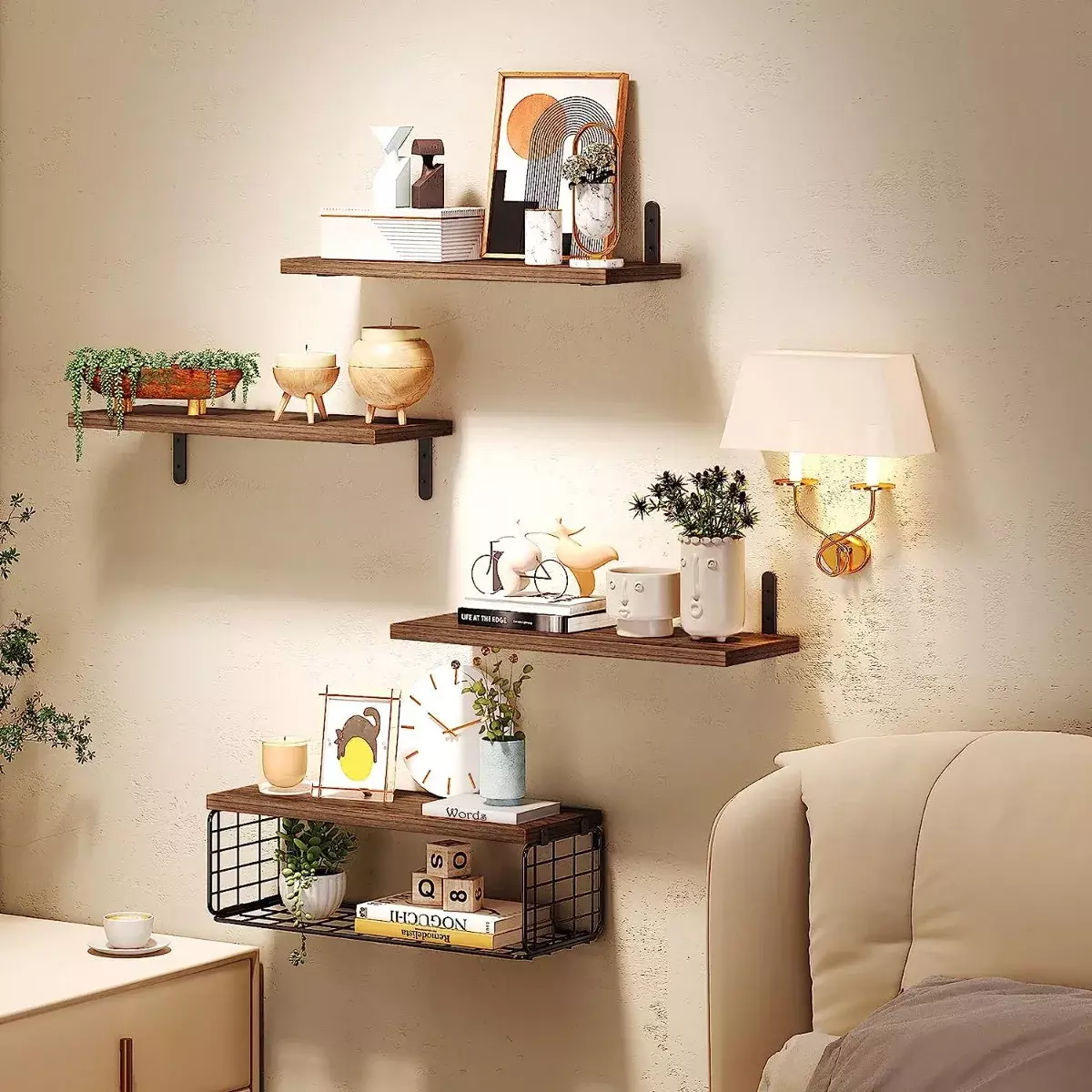 Estantería Flotante Madera Natural 4 Niveles Con Canasta Metal 40cm-6