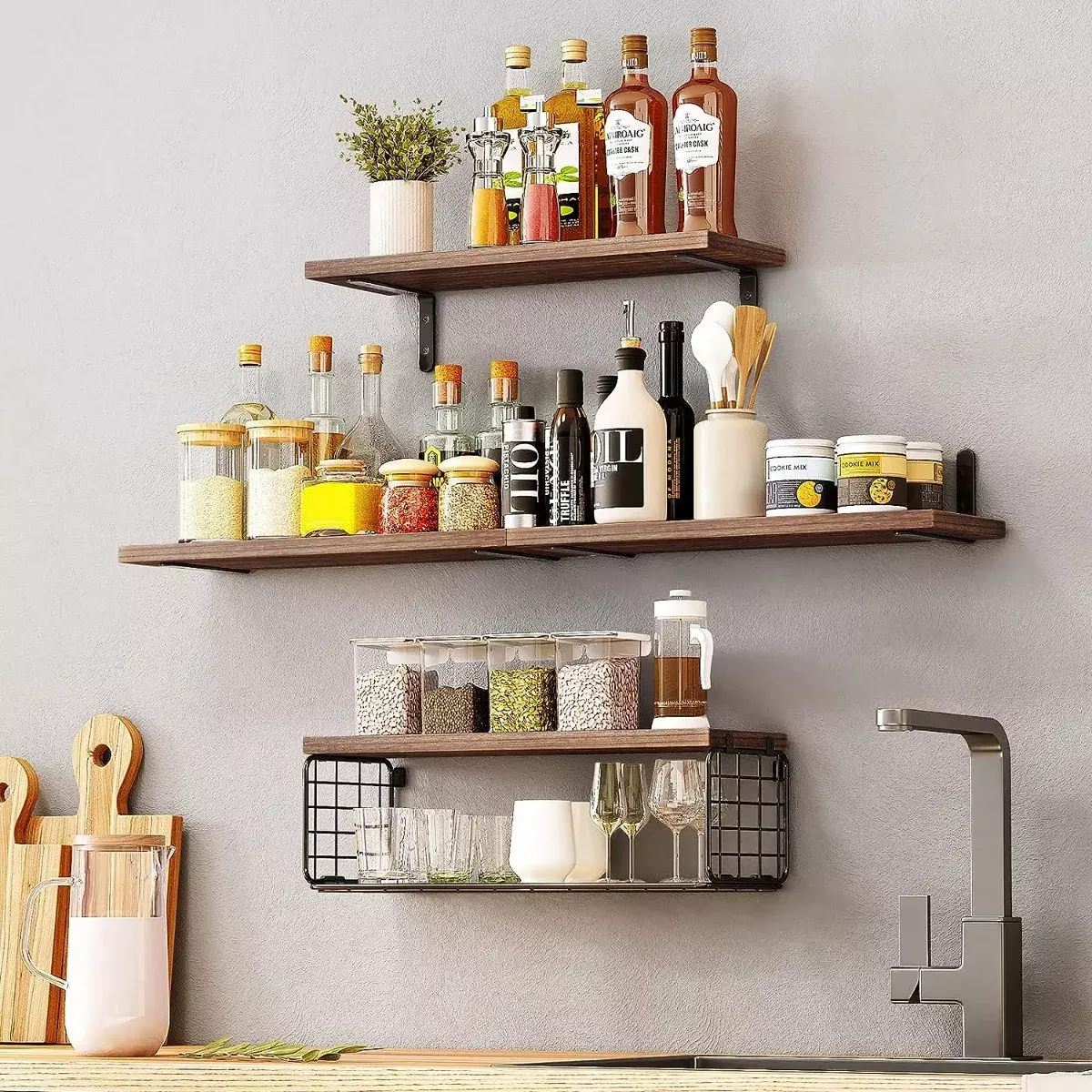 Estantería Flotante Madera Natural 4 Niveles Con Canasta Metal 40cm-7
