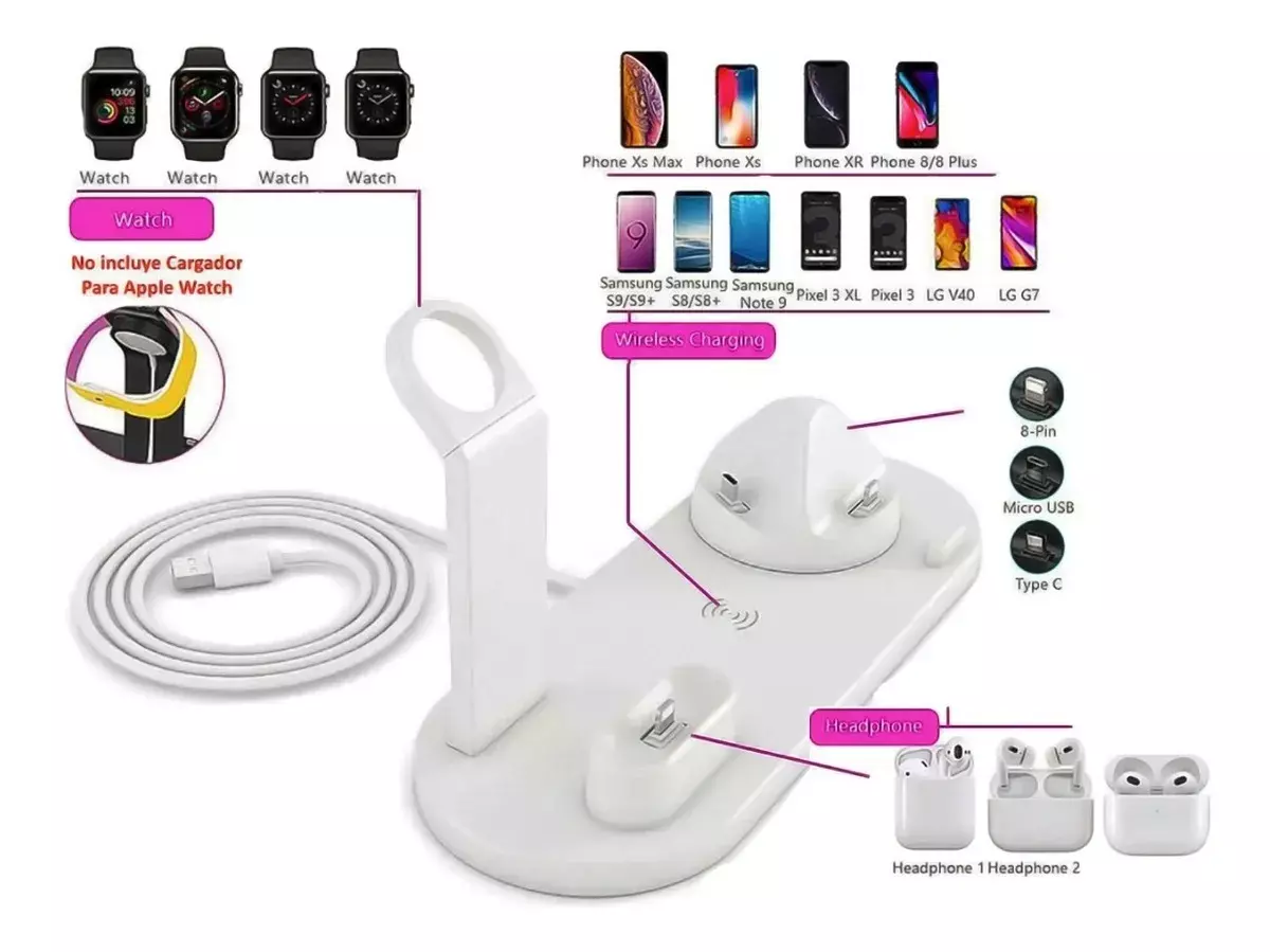 Estación de Carga Multifunción 3 en 1 Compatible Con iPhone y Apple Watch Blanco-3
