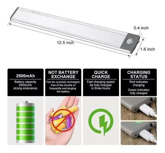 Luz LED XL Sensor Movimiento Recargable USB 2500mAh Interior-3