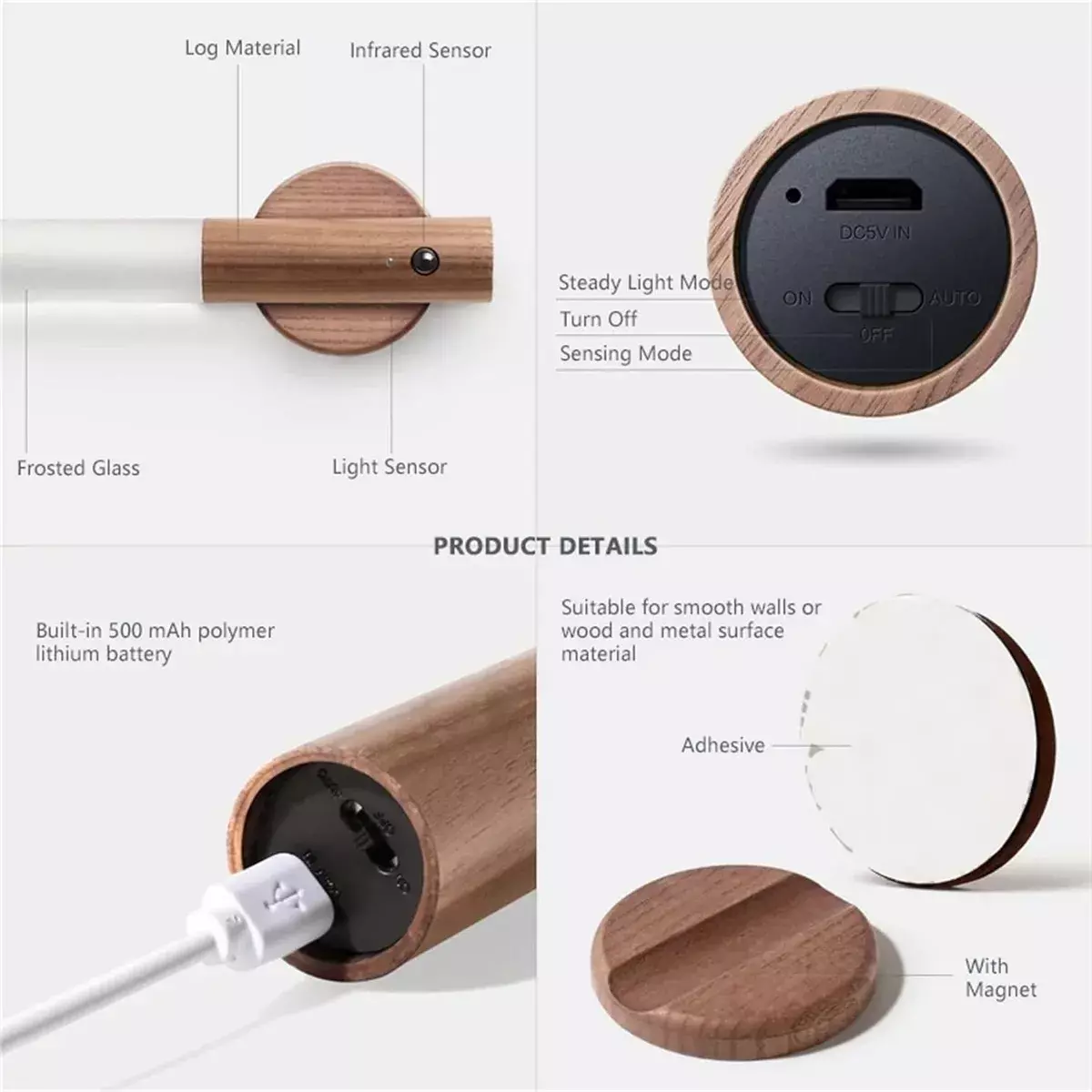 Lámpara LED Inalámbrica Madera Sensor Movimiento Recargable-2