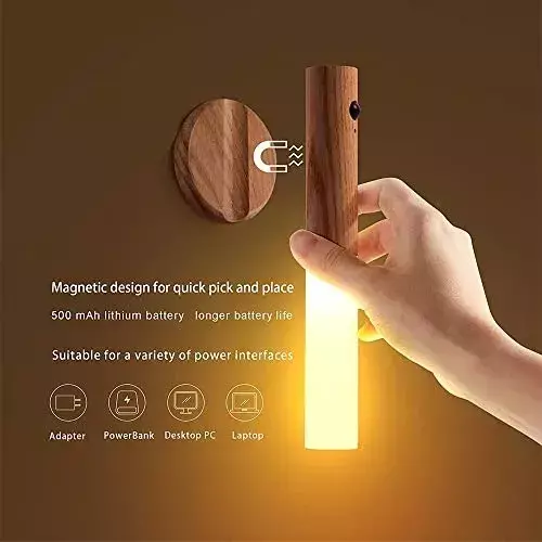 Lámpara LED Inalámbrica Madera Sensor Movimiento Recargable-4