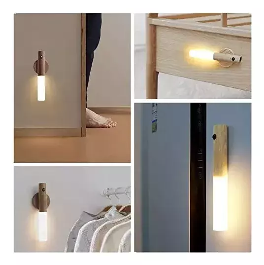 Lámpara LED Inalámbrica Madera Sensor Movimiento Recargable-5