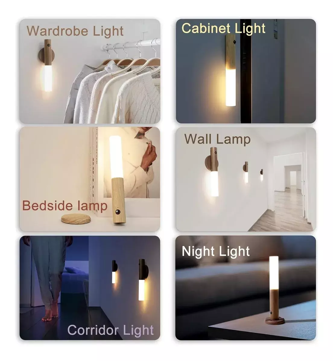 Lámpara LED Inalámbrica Madera Sensor Movimiento Recargable-9