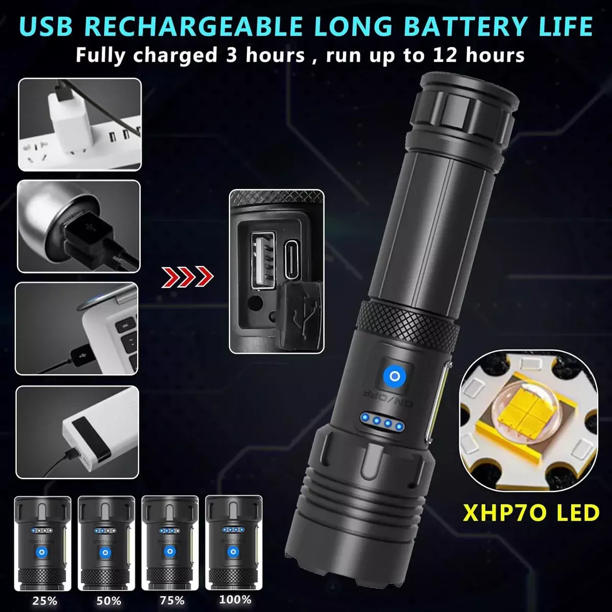 Linterna Táctica LED Recargable USB Zoom Impermeable 120000 Lumens-3