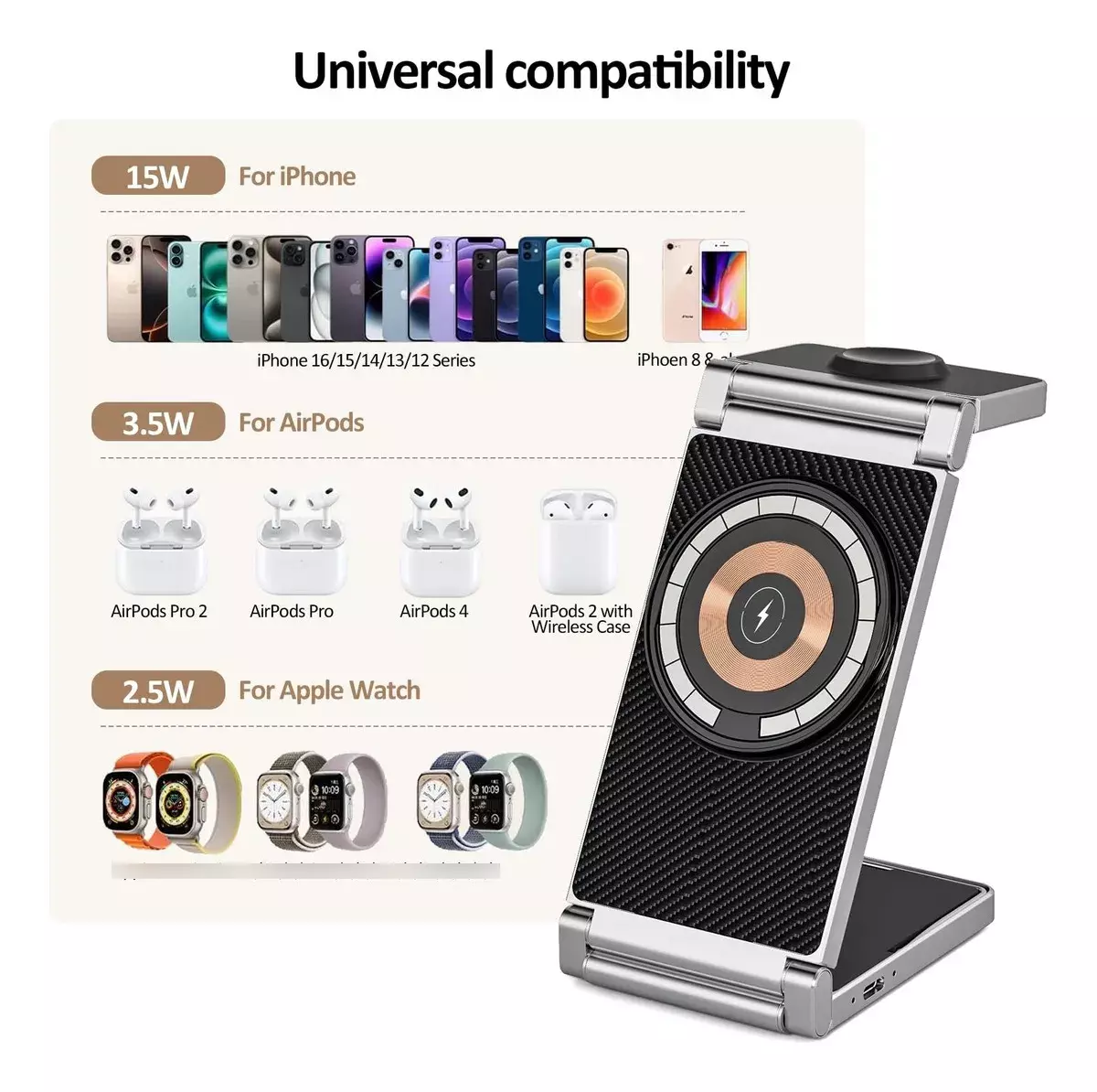 Cargador Inalámbrico Plegable 3 En 1 Magnético Compatibilidad Universal-3