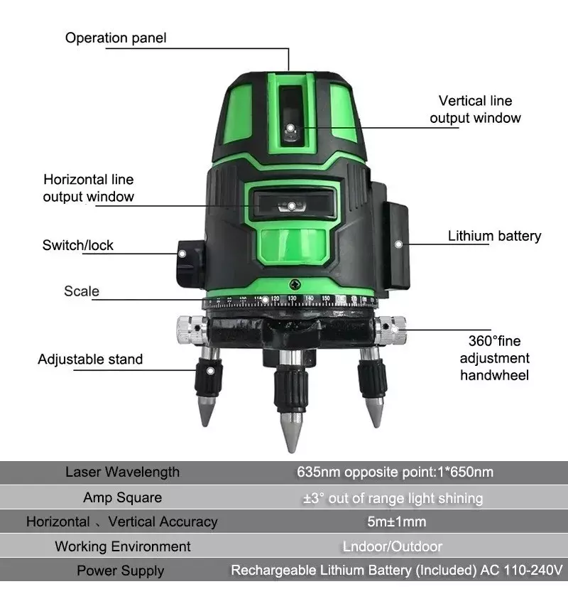 Nivel Láser Automático 360° 5 Líneas Verde Recargable Interior/Exterior-5